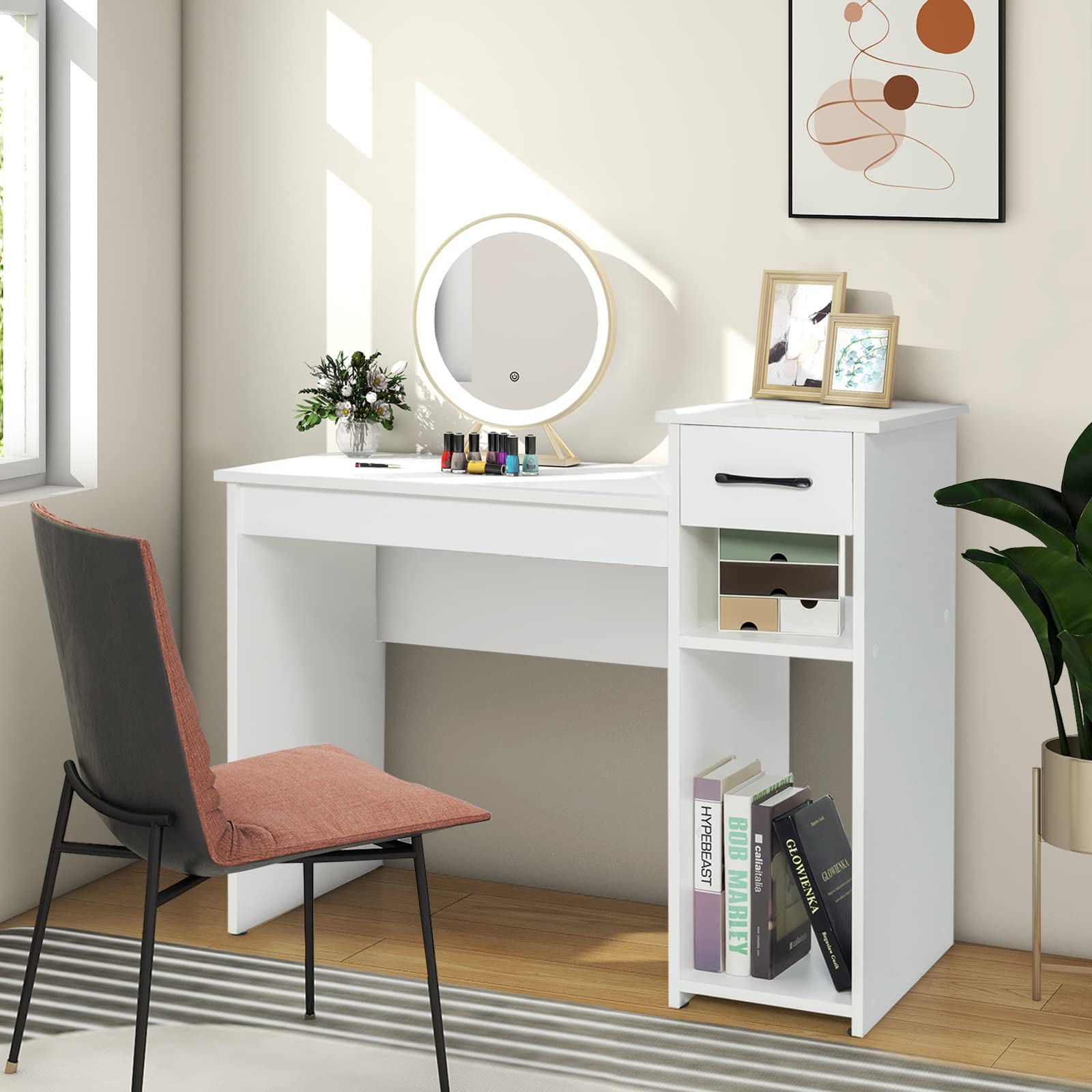 Tangkula Modern White Study Desk with Storage Drawer & Shelves - Compact Writing Desk for Small Spaces, Home Office, Dorm Room & Bedroom Workspace