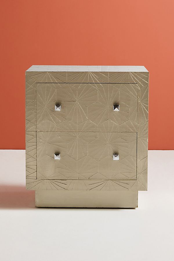 Hand Embossed Nightstand with Two Drawers - Solid Brass Bedside Table for Bedroom | Vintage Indian Metal Nightstand with Storage | Perfect for Master Bedroom, Guest Room or Apartment Decor