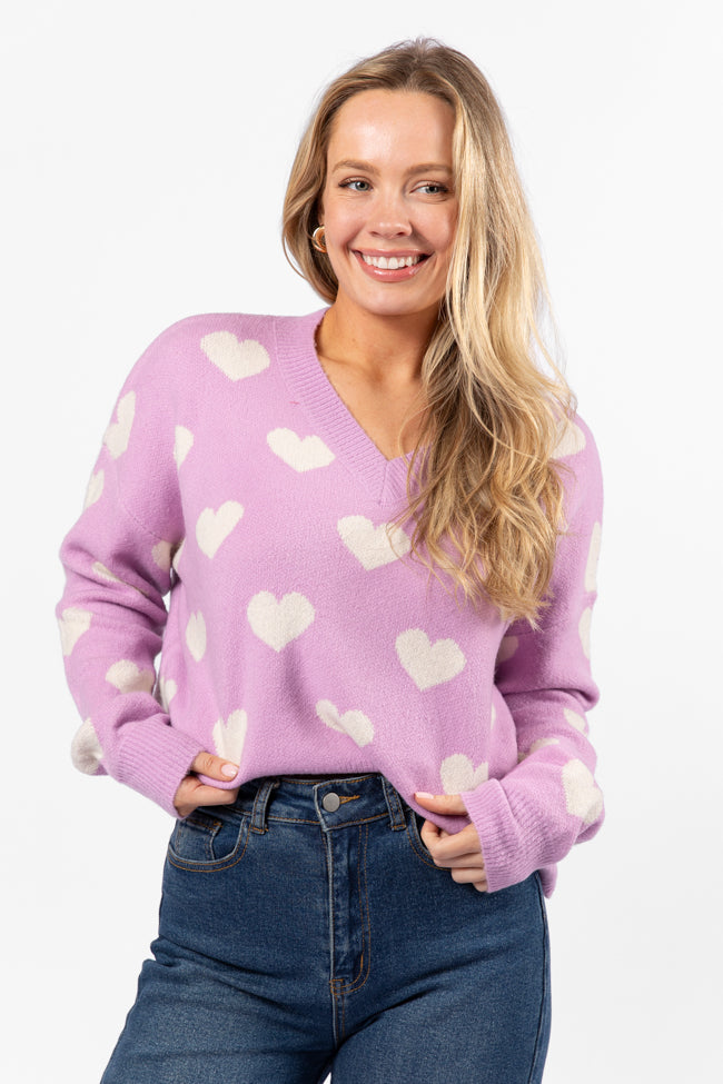 By The Book Lilac Hearts V Neck Sweater for Women - Cozy Knit Pullover Perfect for Date Night, Office Wear & Casual Outfits (Final Sale)