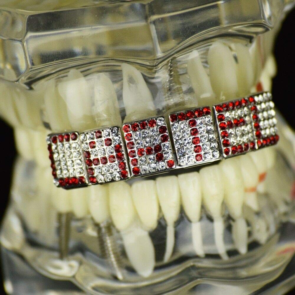 Custom Name Grillz with Red Bling Stones - Personalized 6 Letter Hip Hop Teeth Jewelry for Men & Women - Perfect for Rappers, Parties, and Special Occasions