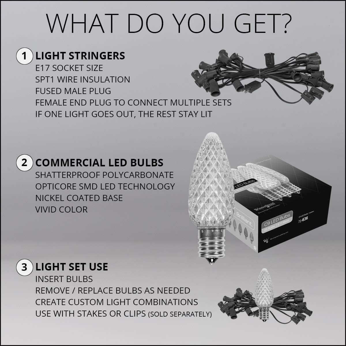 Wintergreen Lighting C9 OptiCore LED Commercial Outdoor Christmas Lights - Heavy Duty Waterproof String Lights for Wedding, Party & Holiday Decor (25 Amber/Orange Bulbs, 25ft White Wire) - Perfect for Rooflines, Trees & Outdoor Holiday Displays