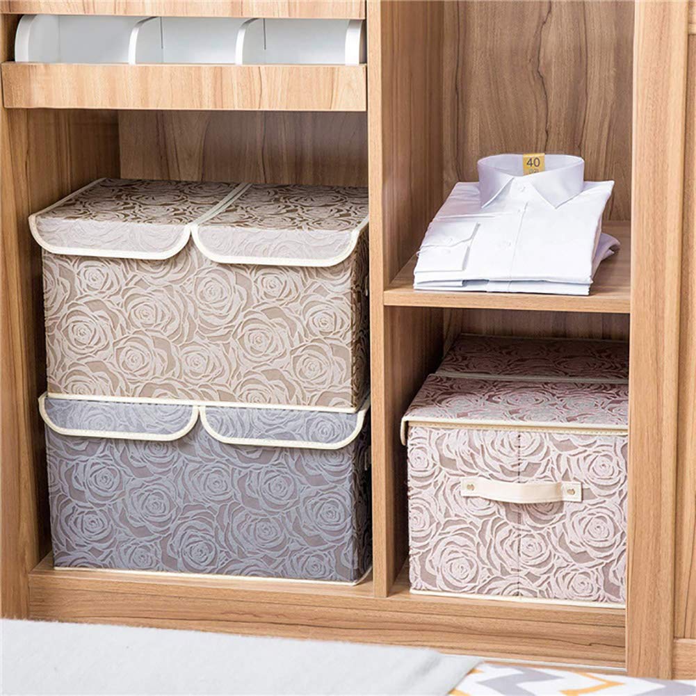 UUJOLY Large Storage Bins - Foldable Linen Fabric Basket Organizer with Lid & Handles for Home Office Closet Bedroom Nursery - Rose Grey Storage Box for Toys, Blankets & Clothes Organization