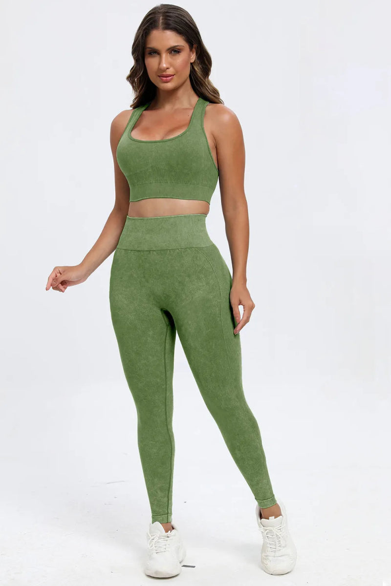 3 Piece Washed Square Neck Wide Strap Active Set for Women - Gym, Yoga & Lounge Wear - Comfortable Workout Outfit for Running & Pilates