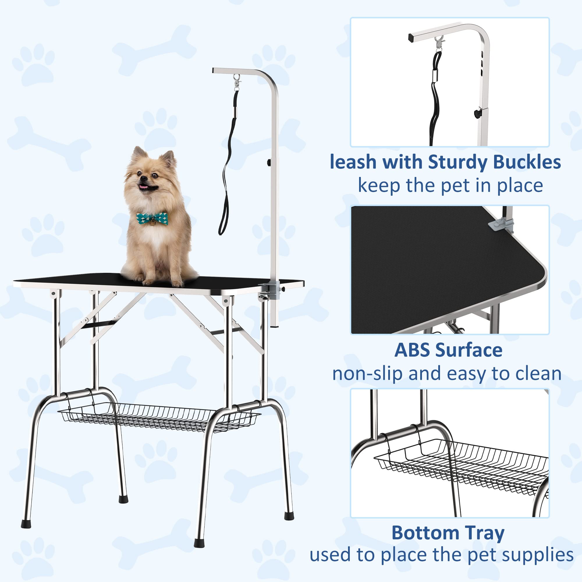 PawHut Adjustable Dog Grooming Table with Arm & Storage Shelf - Foldable Pet Grooming Station for Professional & Home Use - Perfect for Bathing, Trimming & Styling Small to Medium Dogs