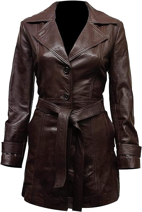 Women's Brown Leather Long Trench Coat with Belt - Stylish Outerwear for Fall & Winter Fashion | Office, Date Night & Travel Outfit