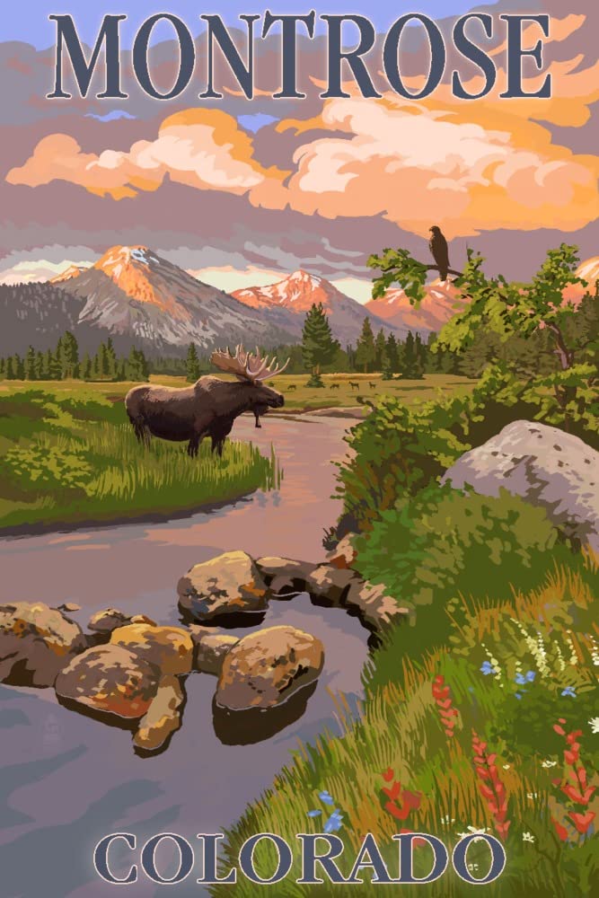 Signed 24x36 Moose and Mountain Stream at Sunset Art Print - Montrose Colorado Landscape Wall Decor Poster for Living Room, Office & Cabin