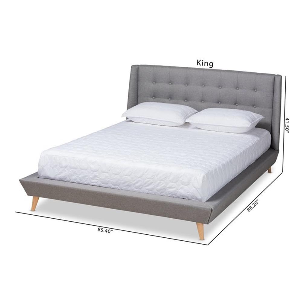 BOWERY HILL King Size Grey Upholstered Wingback Platform Bed Frame with Solid Wood Slats - Elegant Modern Bedroom Furniture for Master Suite or Guest Room