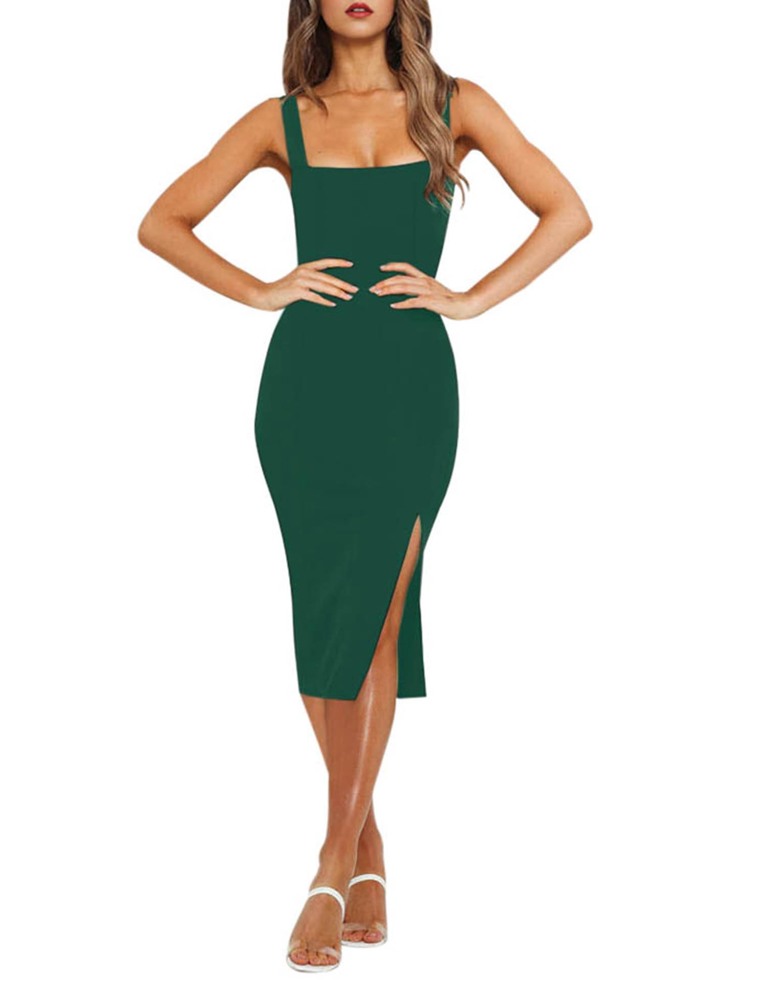 Relipop Women's Elegant Square Neck Sleeveless Midi Dress - Solid Color Formal Cocktail Dress with Side Slit for Wedding Guest, Summer Party & Special Occasions
