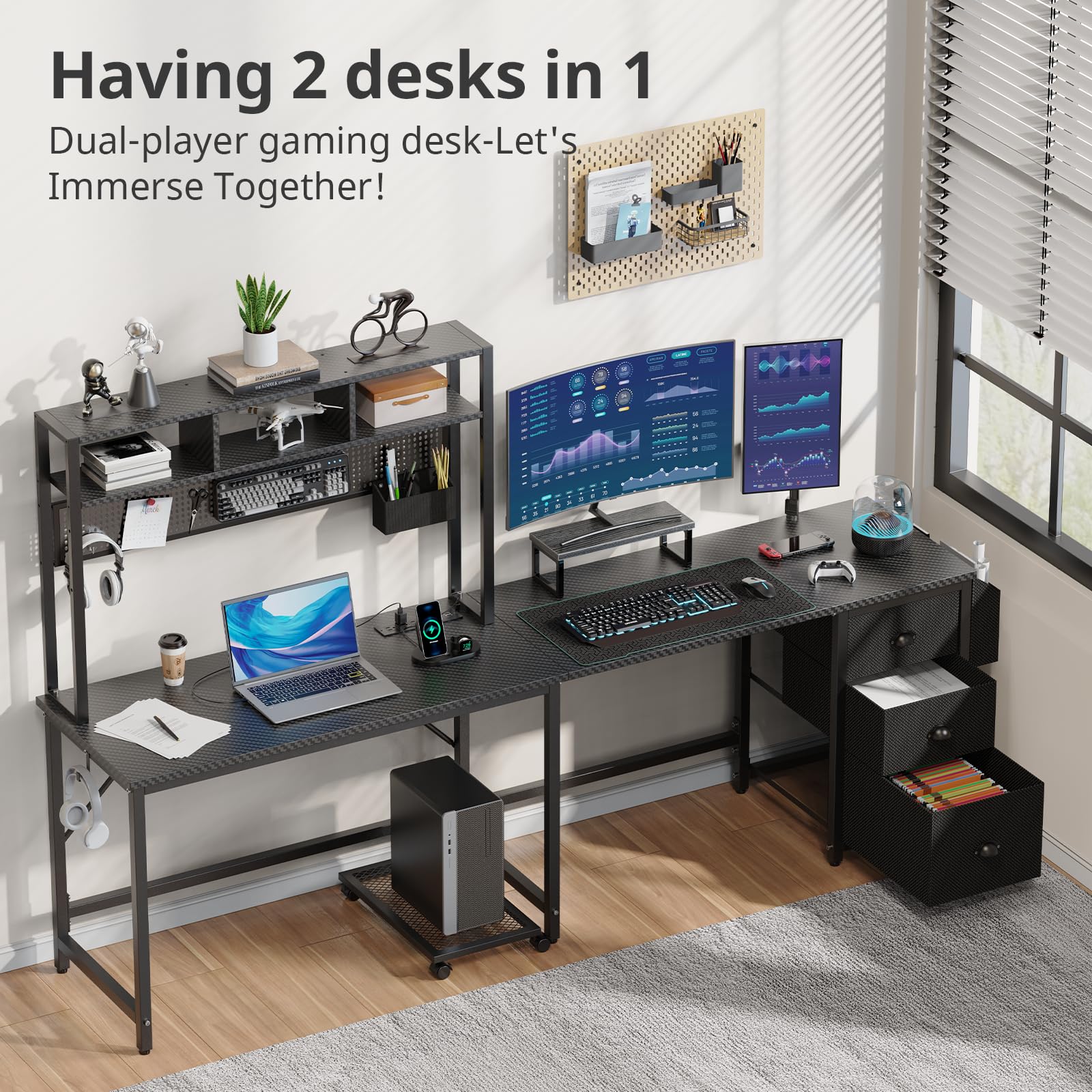 Premium L-Shaped Gaming Desk with Pegboard, Shelves & Drawers - Black Carbon Fiber Home Office Desk with Power Outlet, LED Lights, Monitor Stand & CPU Holder - Perfect for PC Gaming Setup, Streaming & Workstation
