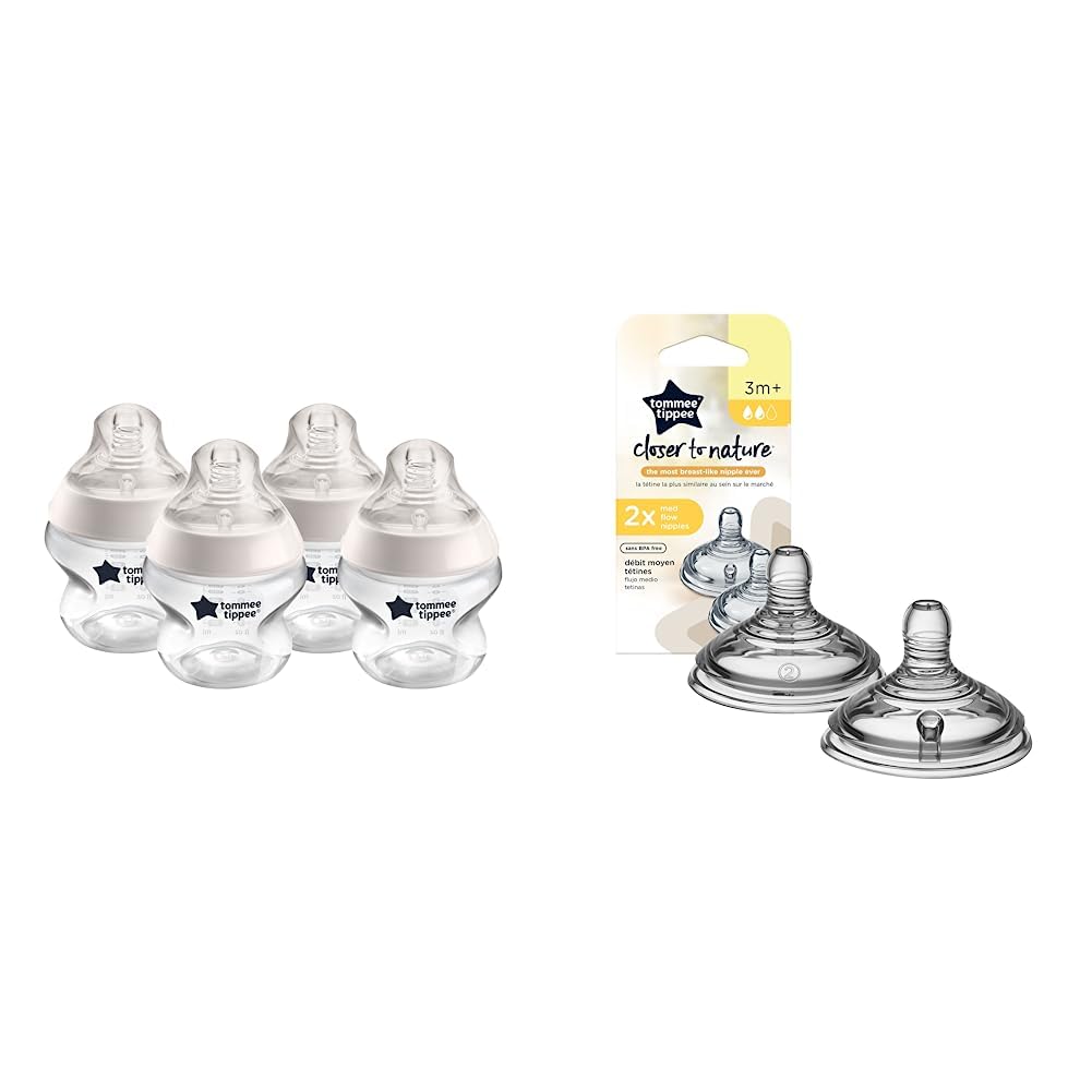 Tommee Tippee Closer to Nature Baby Bottle Set with Medium Flow Nipples - 5 oz BPA-Free Bottles & Nipple Replacement Pack for Newborns & Infants - Perfect for Breastfeeding Transition, Daycare & On-the-Go Feeding