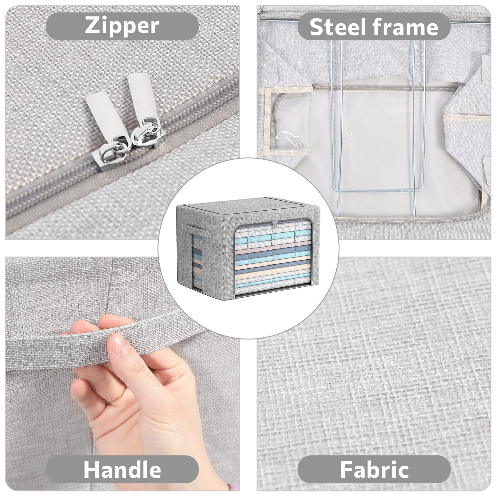 2 Pack Large Stackable Clothes Storage Bins with Metal Frame - Foldable Linen Fabric Organizer Box with Clear Window & Handles (23.6x16.5x15.7 Inch, Light Gray) - Perfect for Closet, Bedroom, Nursery & Office Organization