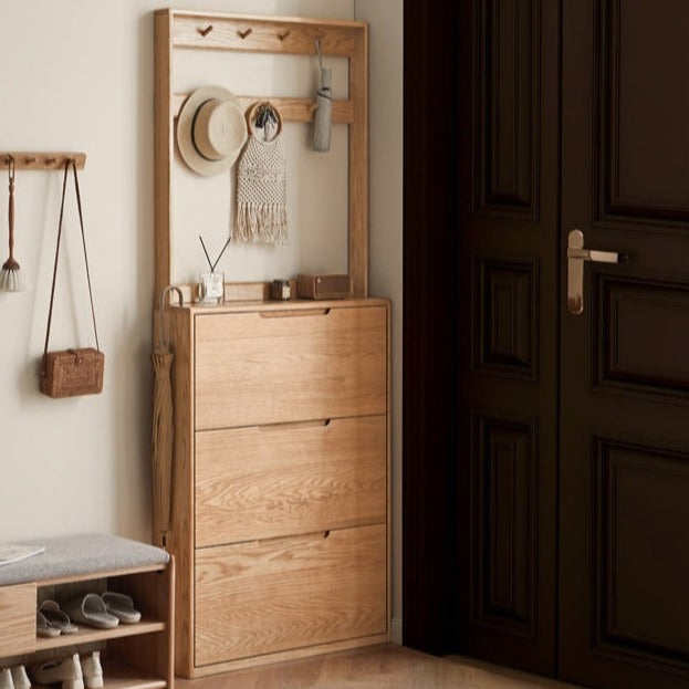 Solid Wood Shoe Cabinet - Thin Oak & Poplar Entryway Storage Organizer for Home, Porch, and Doorway | Perfect for Small Spaces & Clutter-Free Entry