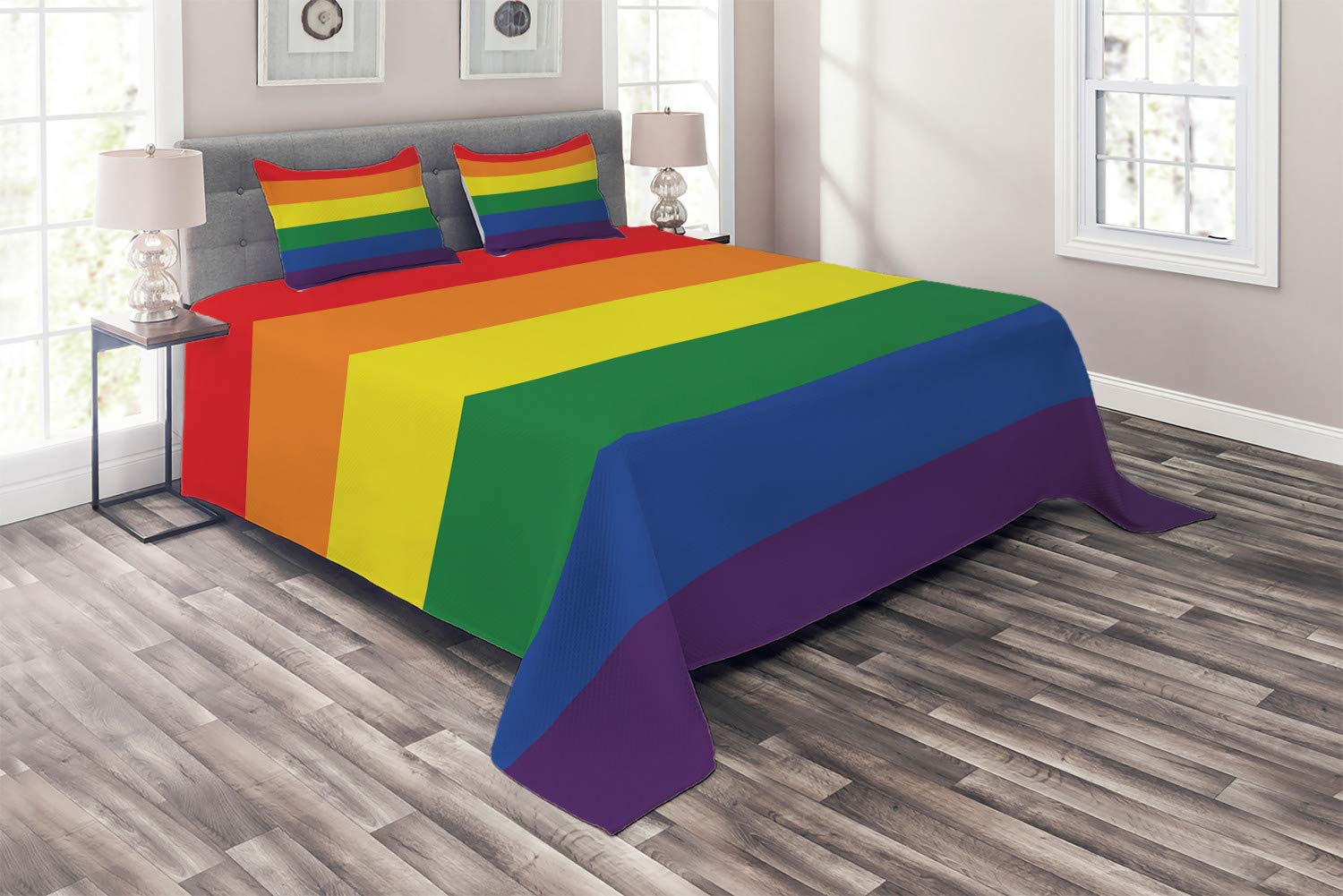 Ambesonne Pride Coverlet - LGBT Rainbow Flag Design for Gender Freedom & Love Wins, 3-Piece Quilted Bedspread Set with 2 Pillow Shams (King Size, Multicolor) - Perfect for Pride Month Decor, LGBTQ+ Bedroom & Guest Room Styling