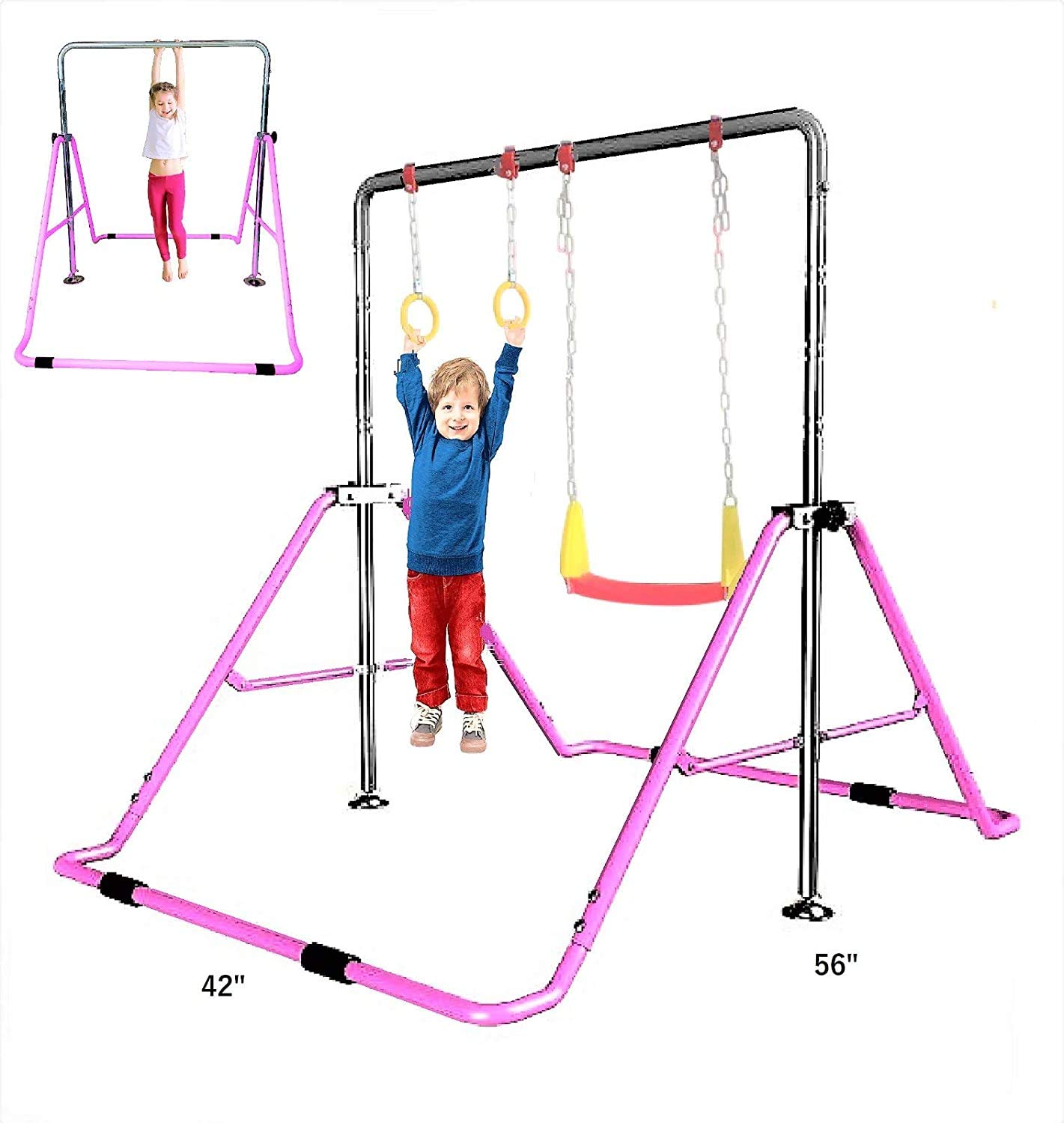 Adjustable Kids Gymnastics Bar Set - 3-in-1 Horizontal Monkey Bars with Swing, Trapeze Rings & Foldable Climbing Tower | Height Adjustable Junior Training Kip Bar for Indoor/Outdoor Play (Pink) - Perfect for Home Gyms, Backyard Playgrounds & Kids Fitness Training