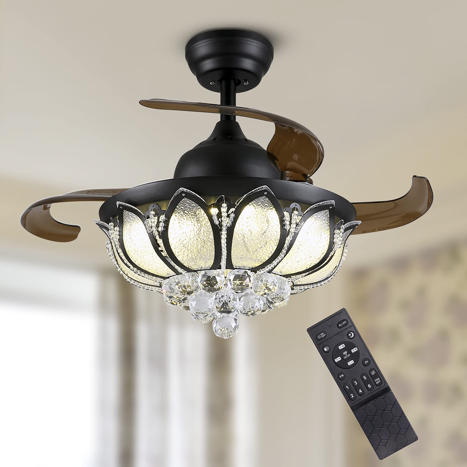 Moooni 36 Inch Dimmable Crystal Chandelier Ceiling Fan with Remote & Retractable Blades - Silent LED Fan Light Kit (Black) - Perfect for Bedroom, Living Room, and Dining Room Lighting