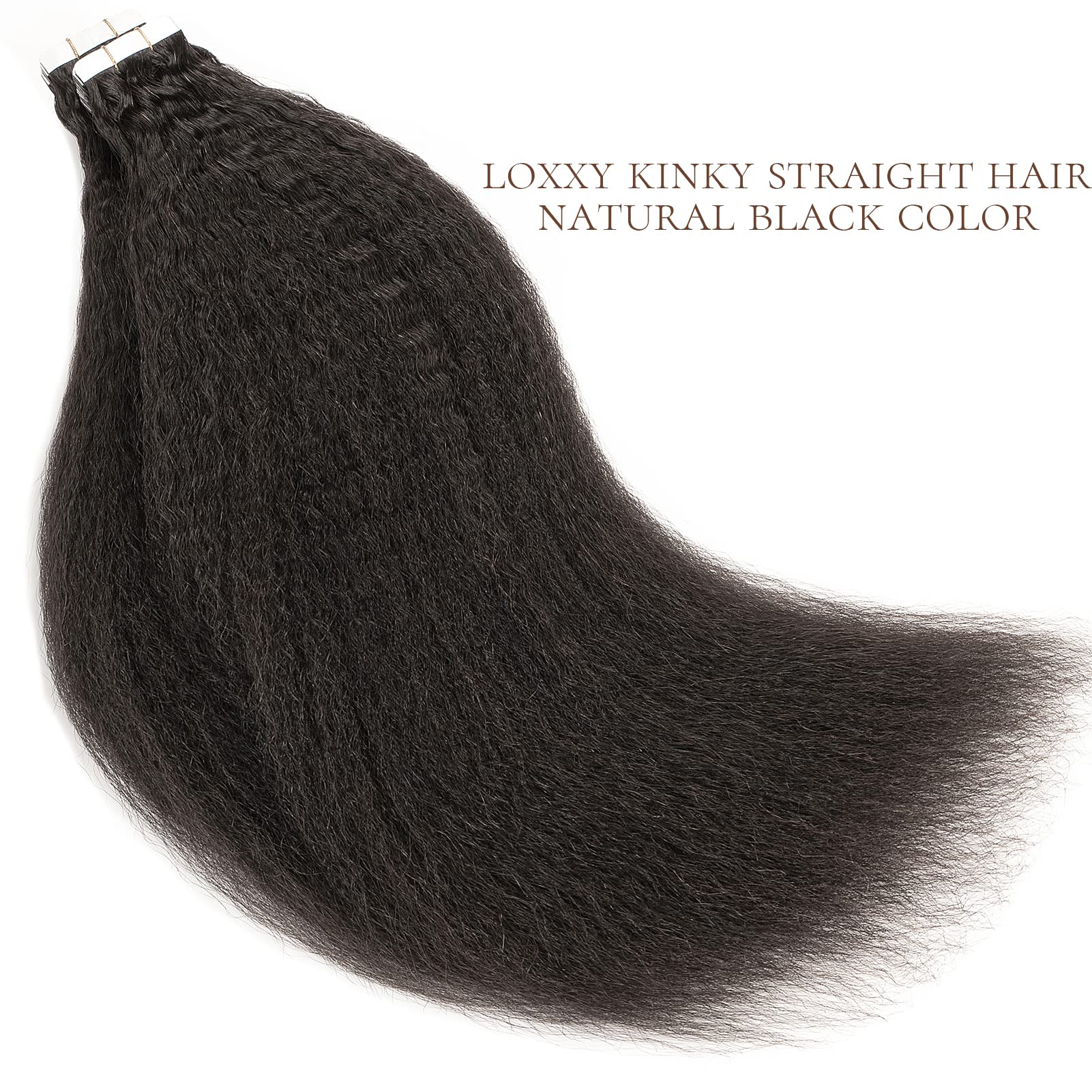 Loxxy 16Inch 40pcs 100g Black Tape-in Hair Extensions - Human Hair Kinky Straight Textured Seamless Remy Tape-in Extensions for Black Women | Double Sided Full Head Weft | Perfect for Protective Styling, Volume Boosting & Everyday Wear