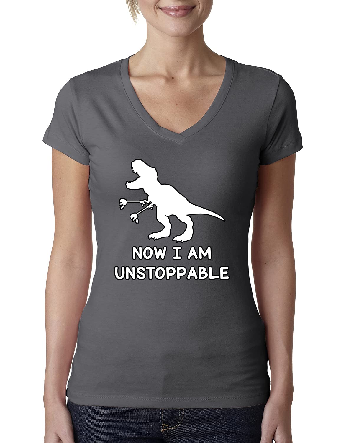 Unstoppable T-Rex Funny Pop Culture Women's Junior Fit V-Neck T-Shirt - Perfect for Casual Wear, Gifts & Dinosaur Lovers