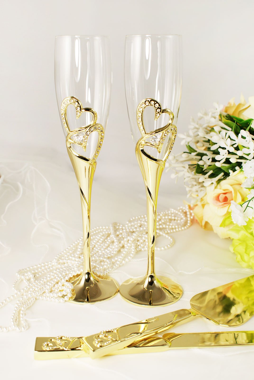 Elegant Gold and Silver Wedding Toasting Glasses with Cake Knife Server Set - Perfect for Bridal Showers, Receptions & Anniversary Celebrations