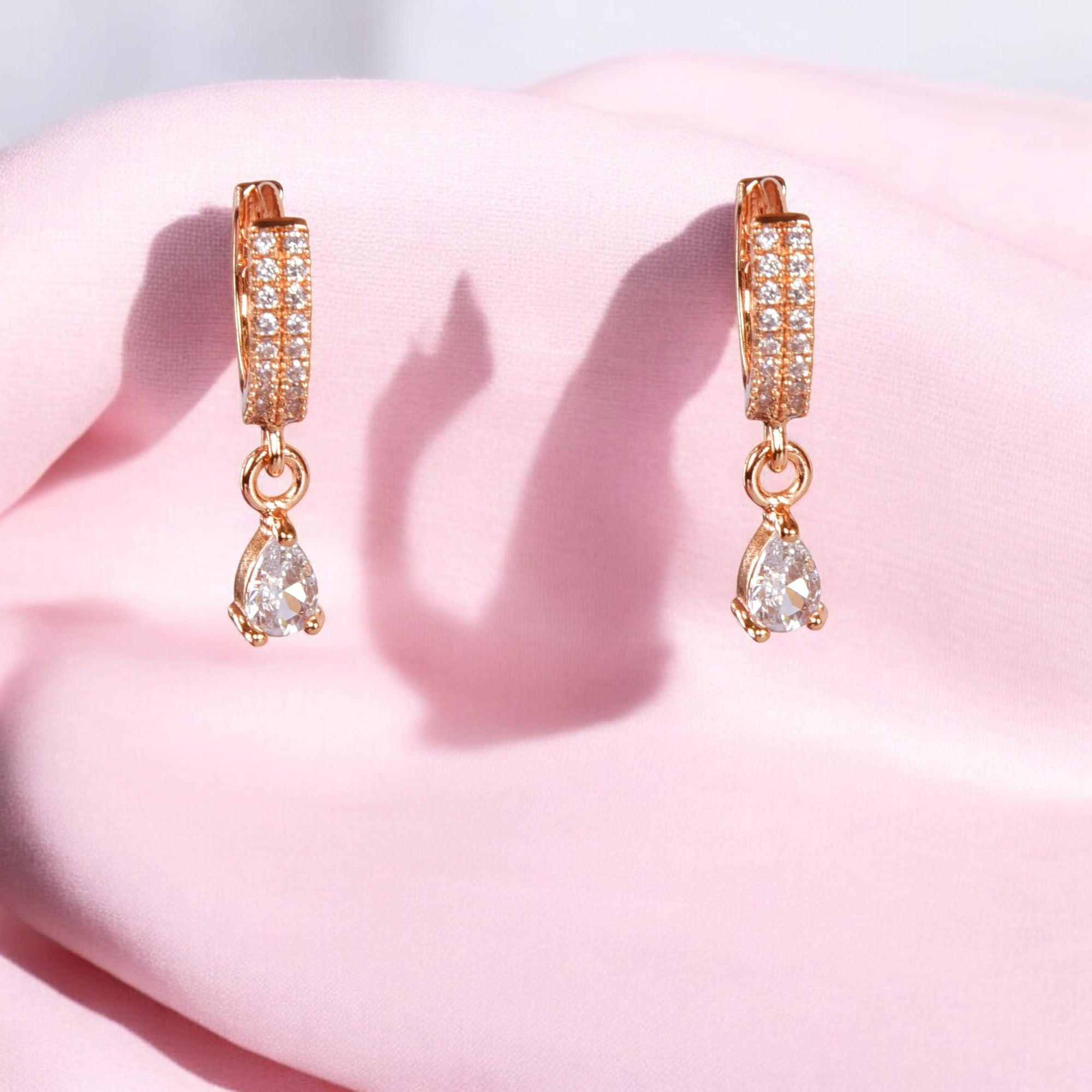 18K Rose Gold Plated Clip-On Hoop Earrings for Women | Stylish Zircon Drop Design Earrings | Fashion Jewelry Gift for Girls & Women | Perfect for Parties, Weddings & Daily Wear