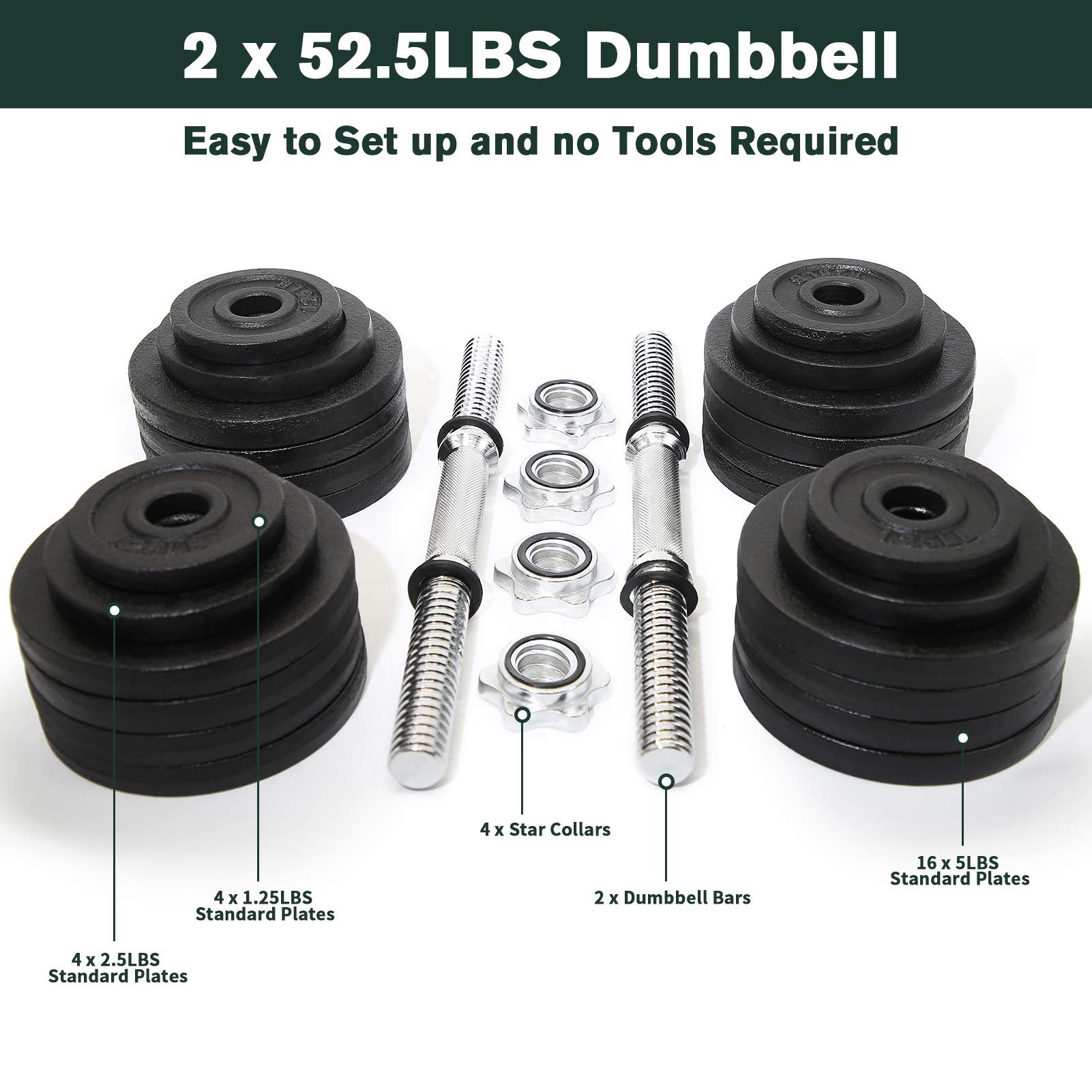 Adjustable Weight Cast Iron Dumbbells Set 105lbs - Home Gym Equipment for Strength Training, Muscle Building & Fitness Workouts