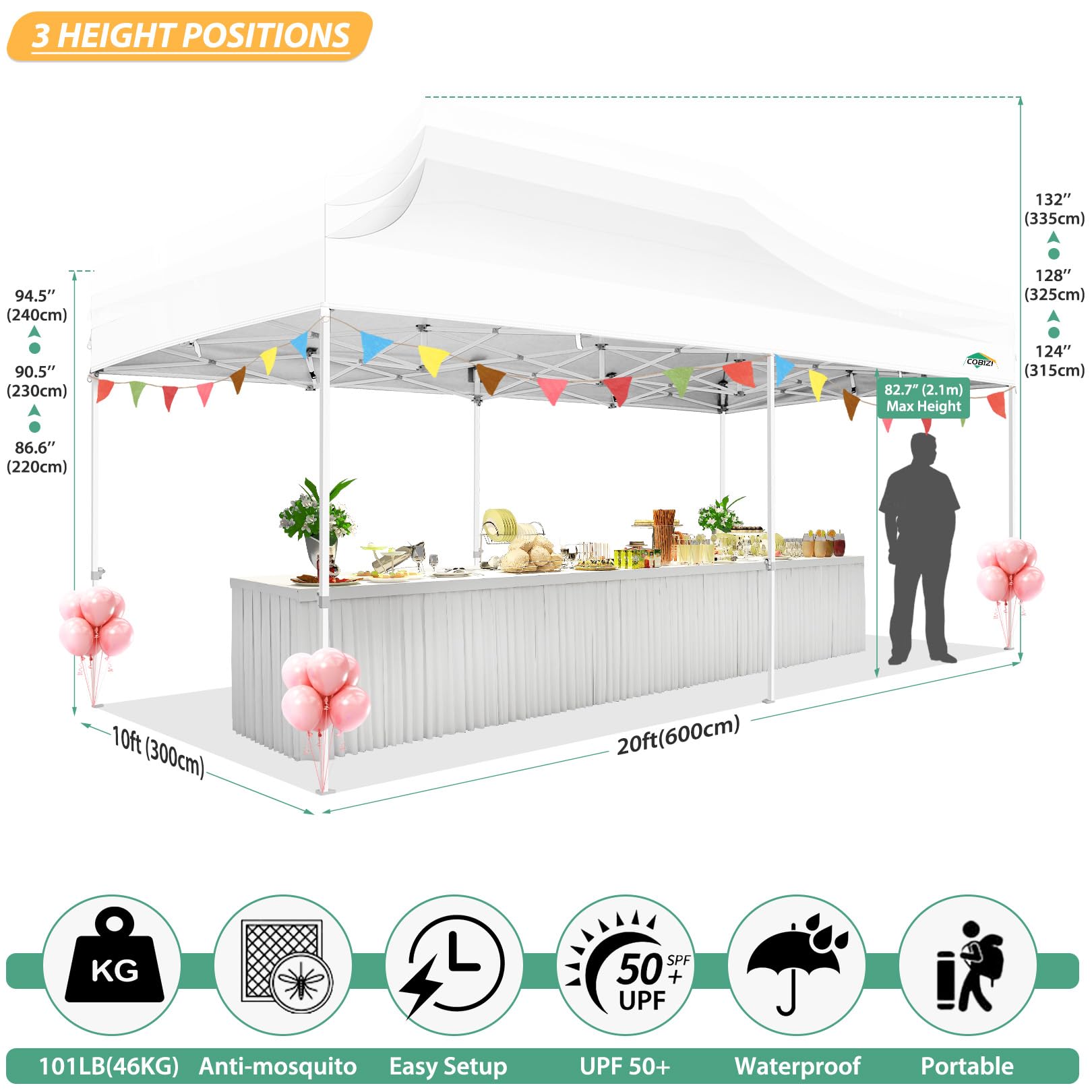 COBIZI 10x20 Heavy Duty Pop Up Canopy Tent with 6 Sidewalls & Mosquito Net - Easy Setup Outdoor Shelter for Parties, Backyard Events & Camping - Includes Roller Bag (White)