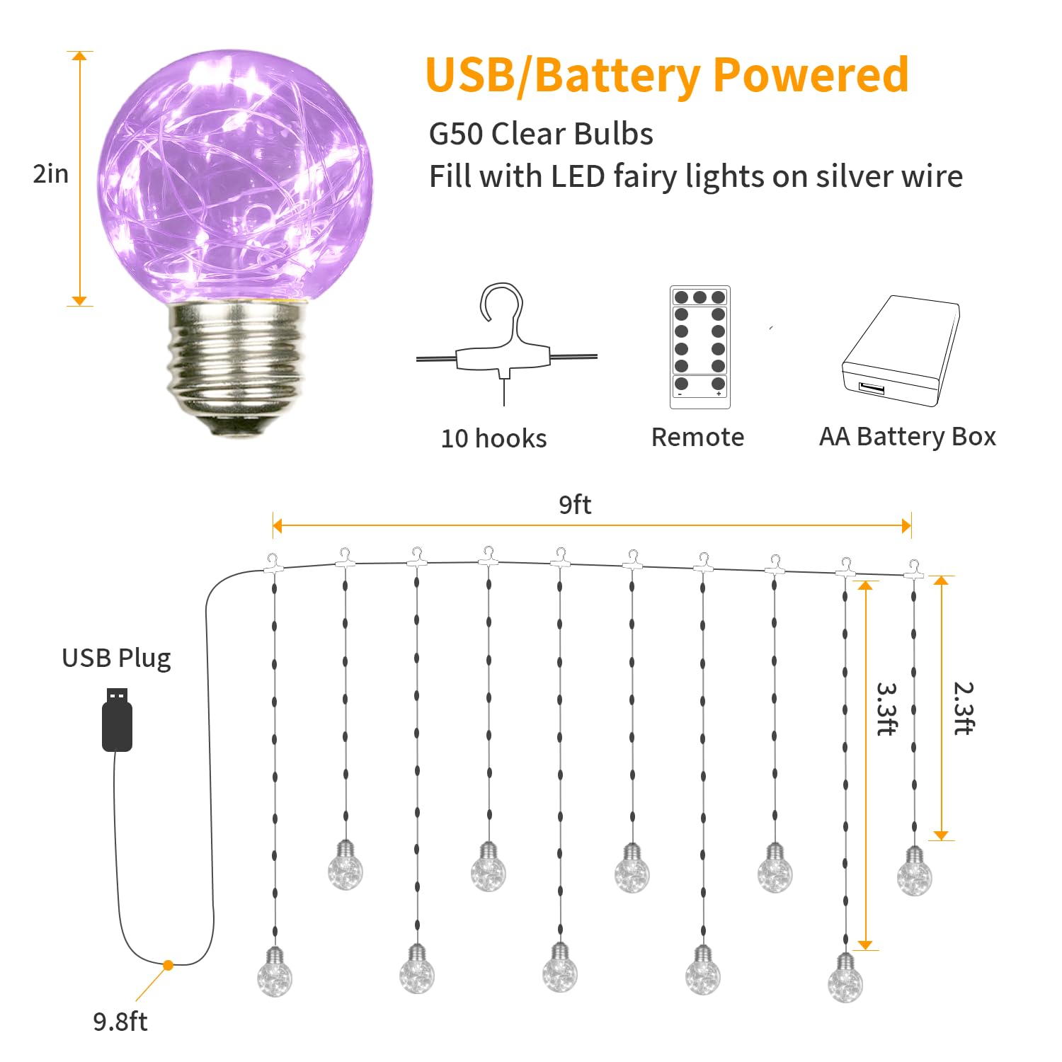 YOLIGHT 200 LED Wishing Ball Curtain Lights with Remote - USB Battery Powered Twinkle Globe Fairy Lights for Wedding, Party, Bedroom, Halloween & Christmas Decorations (Purple) | Indoor & Outdoor Decorative Lighting for Home, Garden, and Special Events