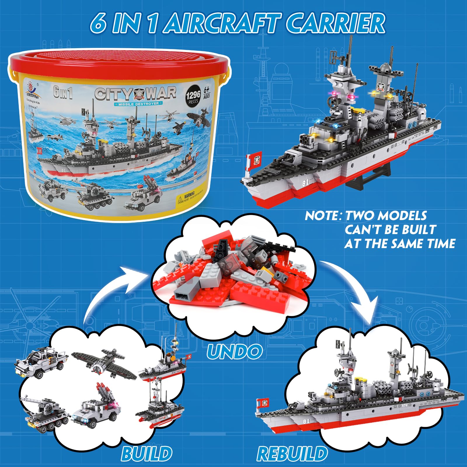 1296-Piece Military Aircraft Carrier Building Blocks Set - Warship Battleship Model Kit with Airplane, Patrol Boat, Army Car & Tank | STEM Educational Toy for Kids Ages 6-12 | Creative Roleplay Gift for Boys & Girls | Perfect for Birthday, Christmas & Navy-Themed Playtime