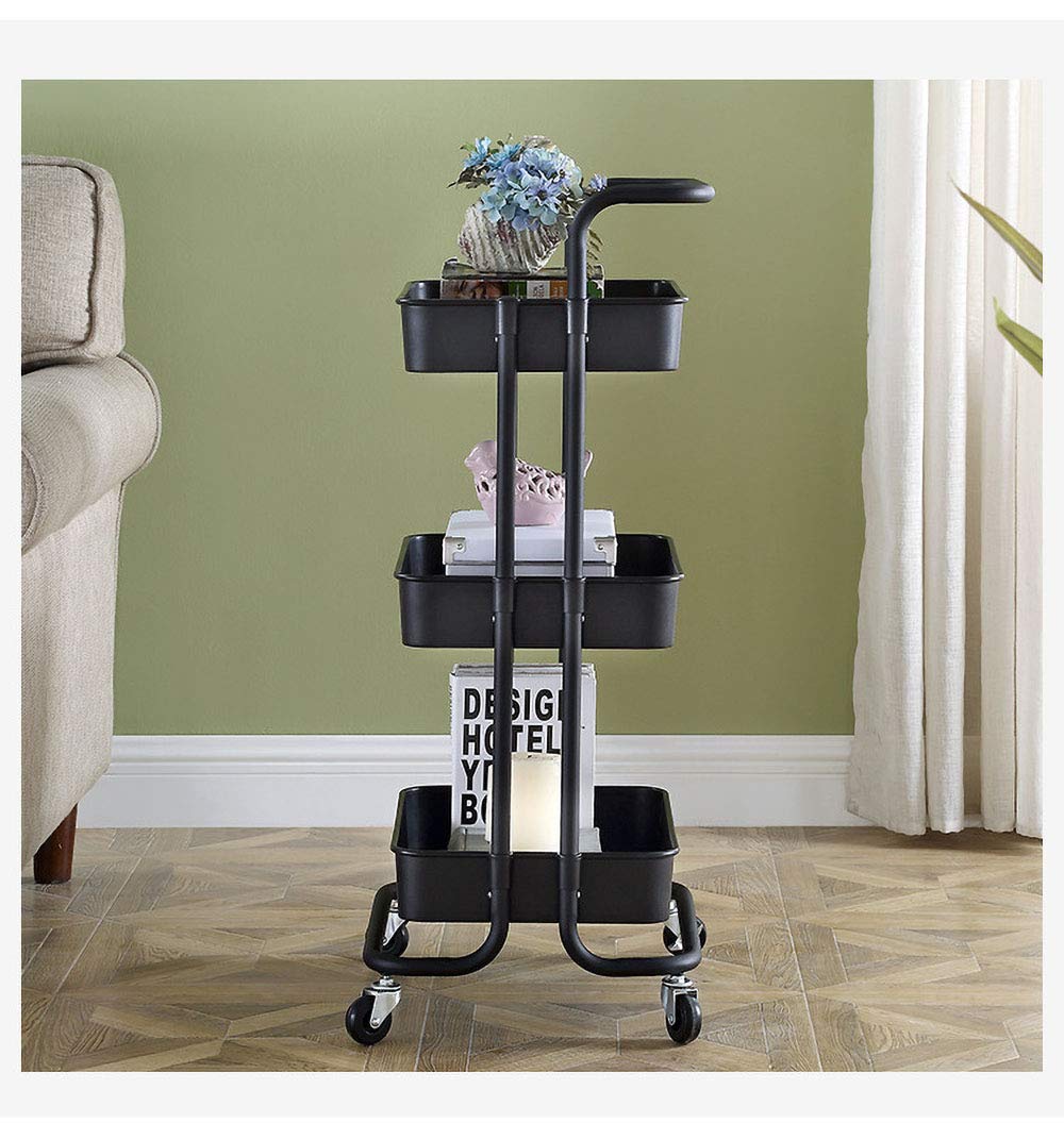 3-Tier Rolling Utility Cart with Wheels & Handle - Black Metal Storage Organizer for Crafts, Kitchen, Office, Bathroom & Home Organization - Mobile Shelving Unit for Easy Transport & Space Saving