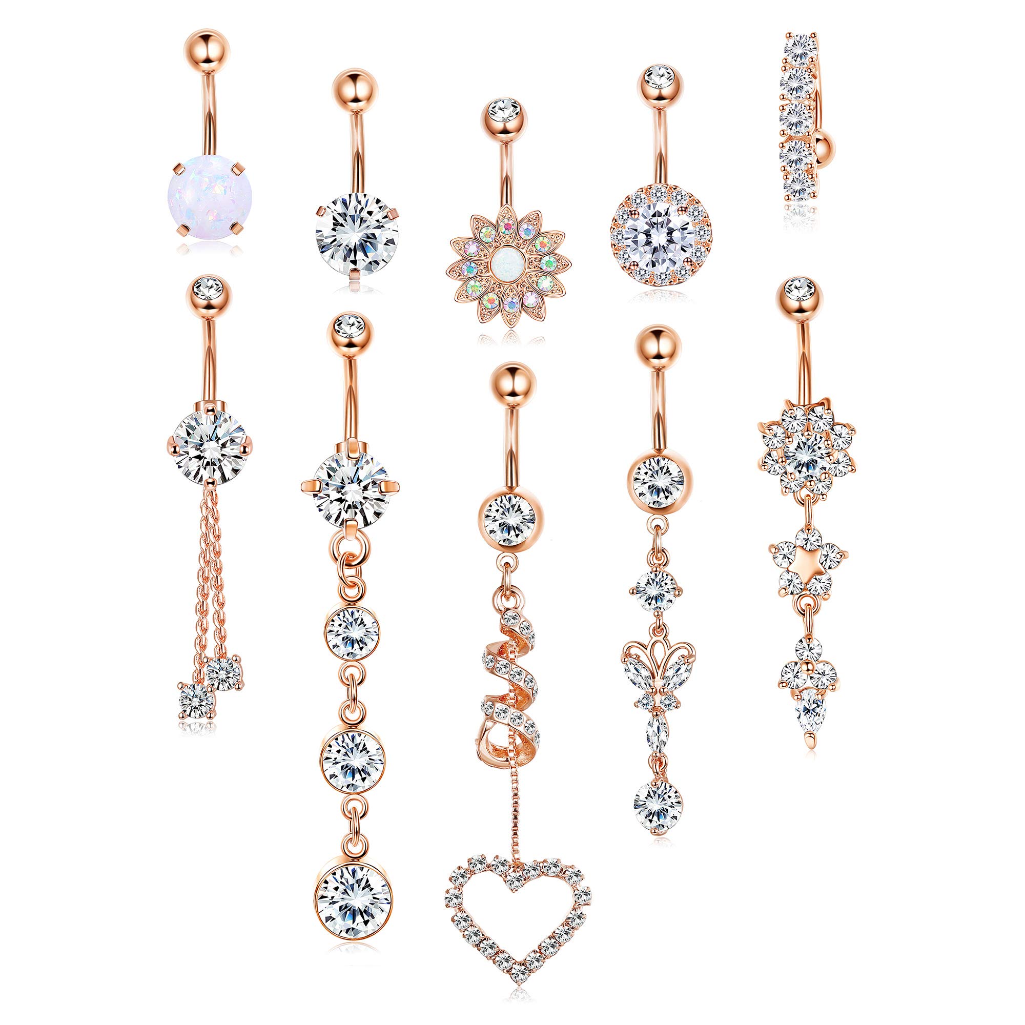 Jstyle 10Pcs 14G Belly Button Rings for Women - Stainless Steel Silver & Rose Gold Curved Navel Barbell with CZ Inlaid Dangle Body Jewelry | Perfect for Piercing, Parties, Beach Wear and Fashion Accessories