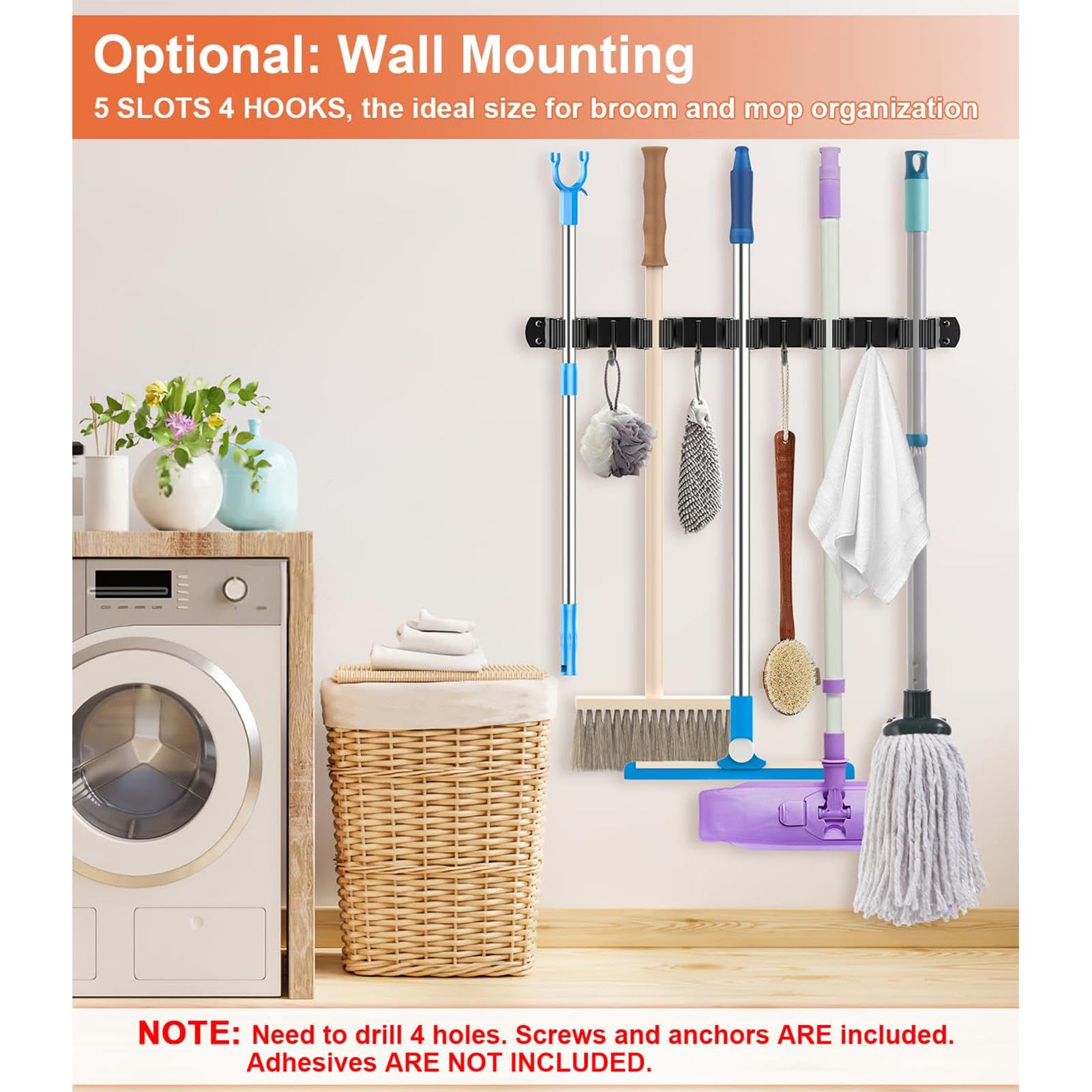 Wall Mounted Broom Organizer - Heavy Duty Metal Hanging Rack for Brooms, Mops & Cleaning Tools | Space Saving Utility Room & Kitchen Storage Solution | Perfect for Home, Bathroom, Restaurant & Garage Organization