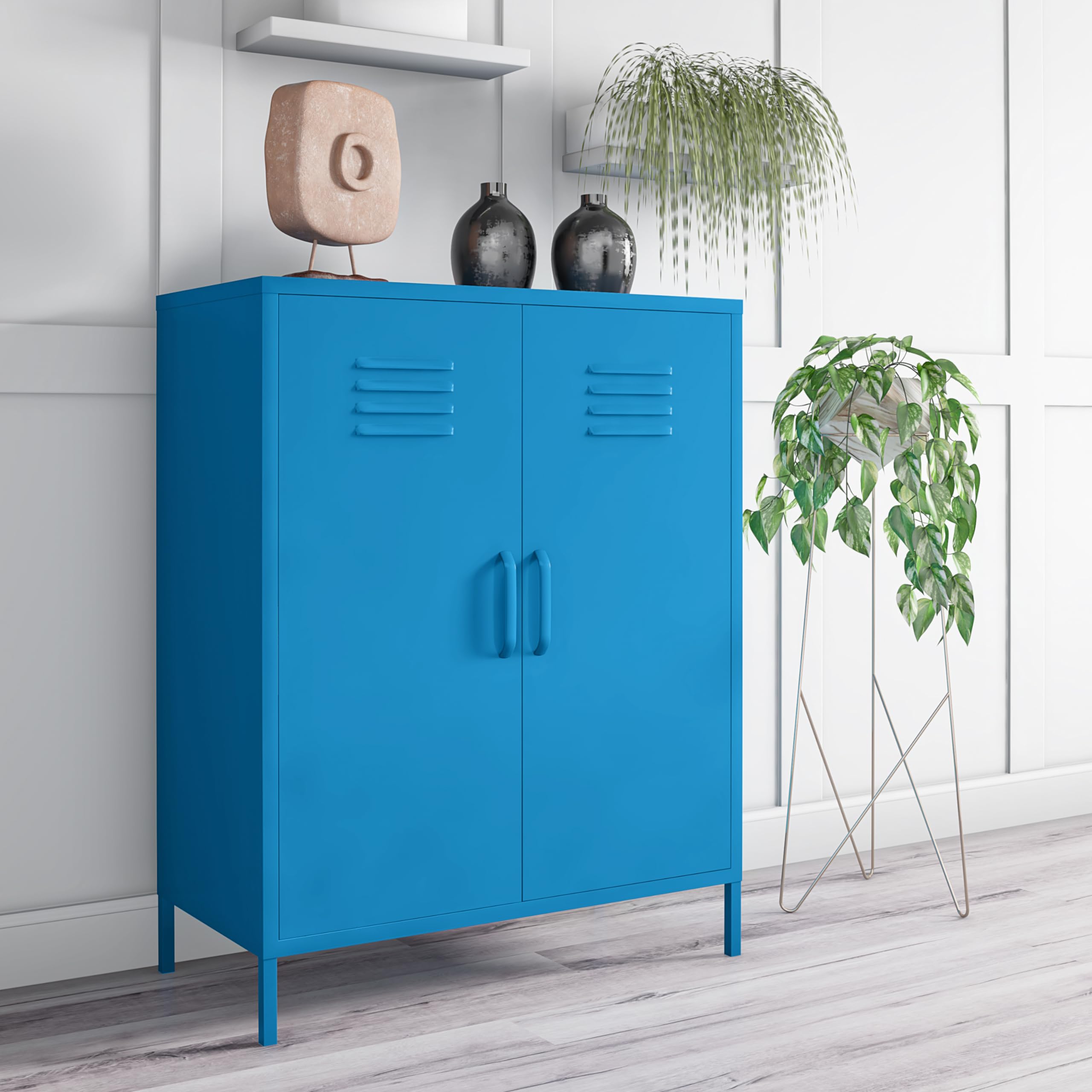 Novogratz Cache 2-Door Metal Locker Storage Cabinet in Blue - Stylish Home & Office Organization Solution for Bedroom, Dorm, or Entryway