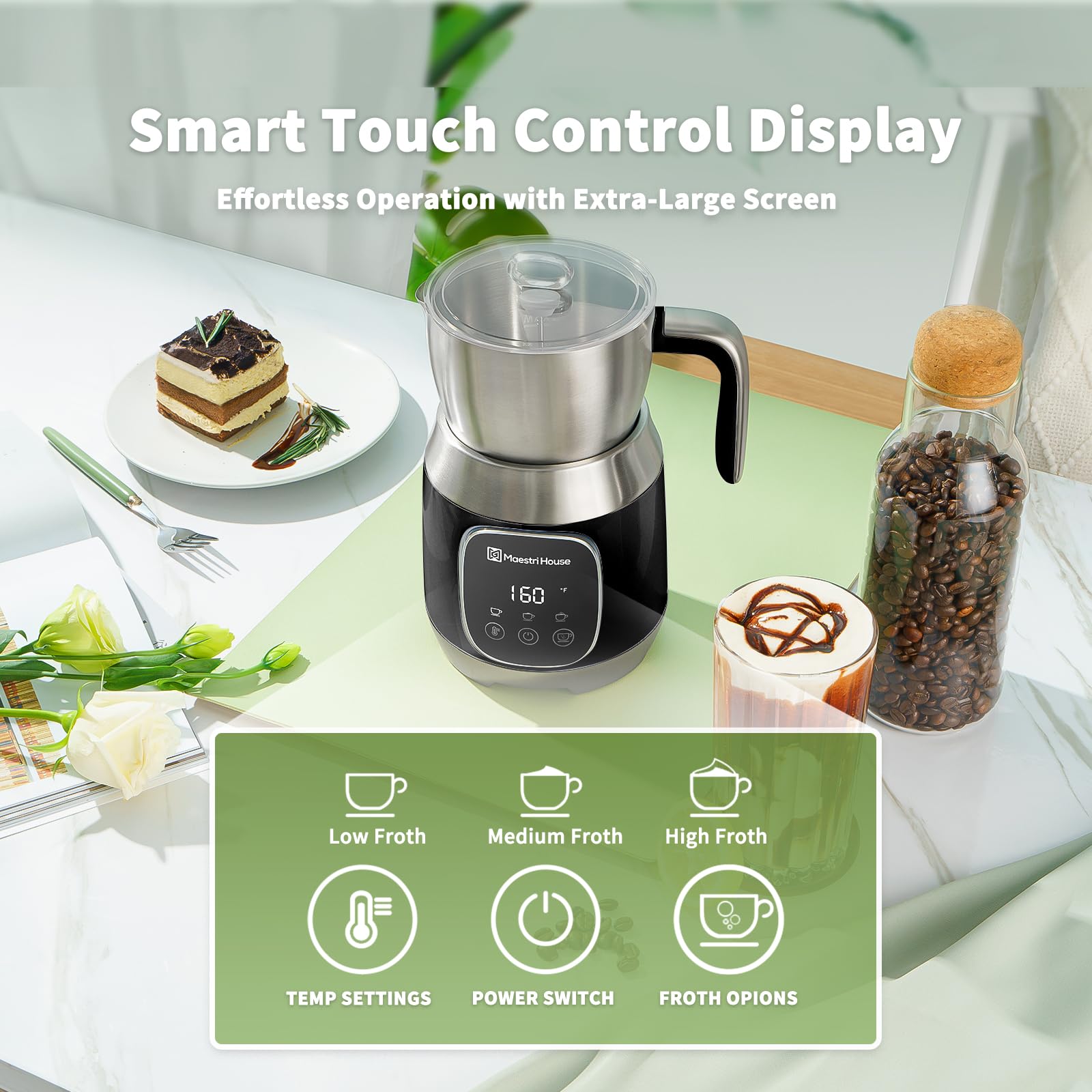 Maestri House 21OZ Smart Milk Frother & Steamer with Variable Temperature & Froth Thickness, Touch Control Milk Warmer for Latte Cappuccino Hot Chocolate, Dishwasher Safe with Memory Function - Perfect for Home Coffee Bars & Office Use
