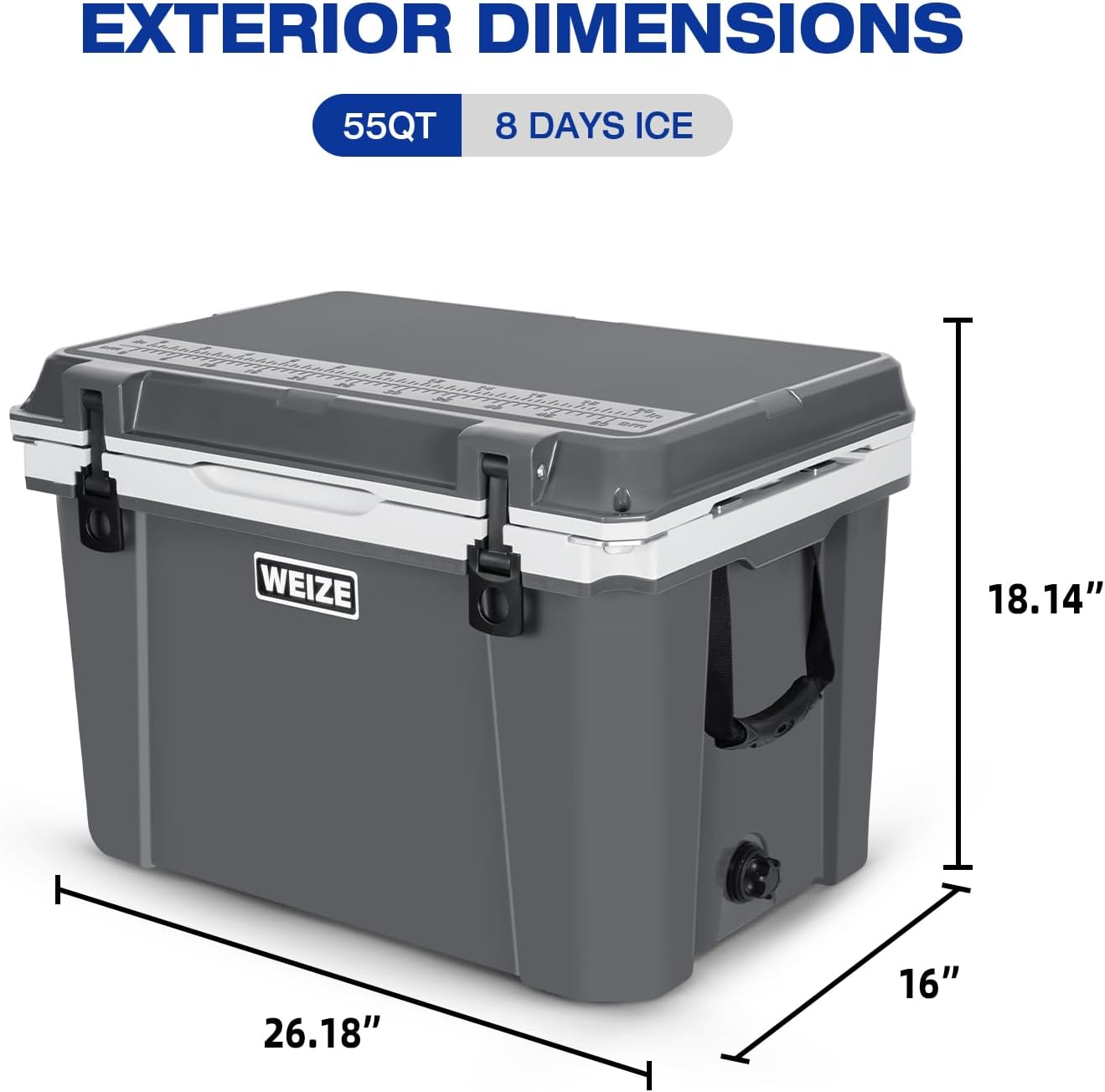 WEIZE 55 Quart Ultra Light Hard Cooler - Insulated Ice Chest Box with Bottle Opener, Keeps Ice Cold for 8 Days - Portable for Camping, Beach, Picnics & Outdoor Adventures (Grey)