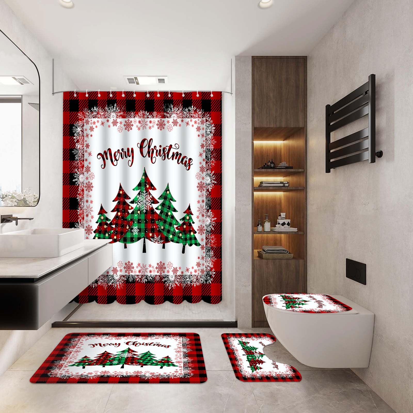 MEHOFOND 4-Piece Christmas Shower Curtain Set - Red Buffalo Plaid Bathroom Decor with Washable 72x72 Inch Shower Curtain, Rugs, Toilet Lid Cover & U-Shape Mat - Perfect for Holiday Bathroom Decorating & Festive Home Decor