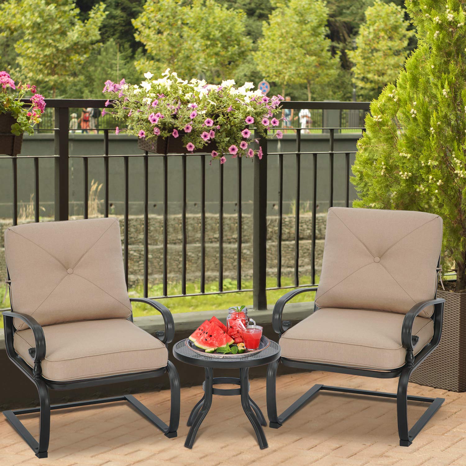 3 Piece Outdoor Bistro Set - Spring Metal Lounge Chairs & Round Table - Wrought Iron Patio Furniture in Brown - Perfect for Garden, Balcony, and Backyard Relaxation