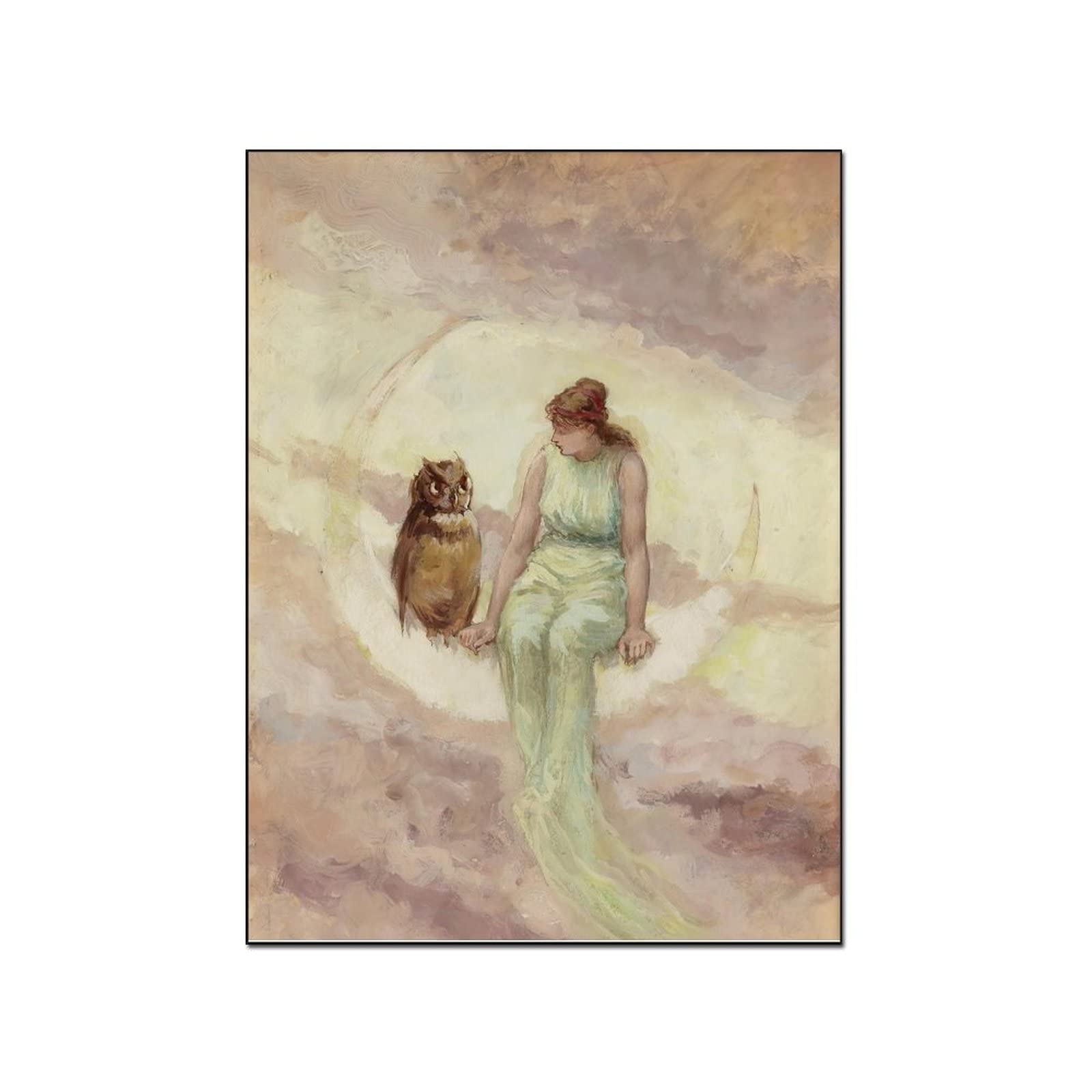 Vintage Goddess Art Canvas Painting - Moon Goddess Print with Crescent Owl, Ancient Fairytale Wall Art for Witchy Home Decor | Perfect for Living Room, Bedroom & Gothic Interior Design