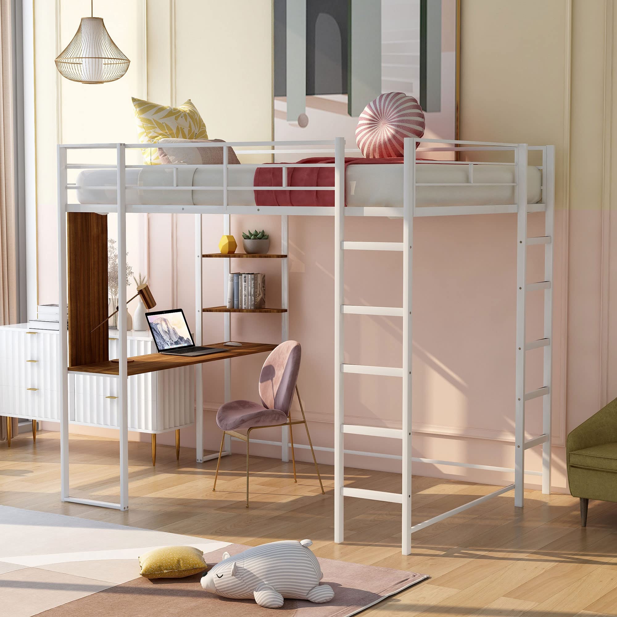 Harper & Bright Designs Full Size Loft Bed with Desk & Shelves - Heavy Duty Metal Frame for Kids & Teens - No Box Spring Needed - White - Perfect for Small Bedrooms, Dorm Rooms & Space-Saving Kids' Rooms