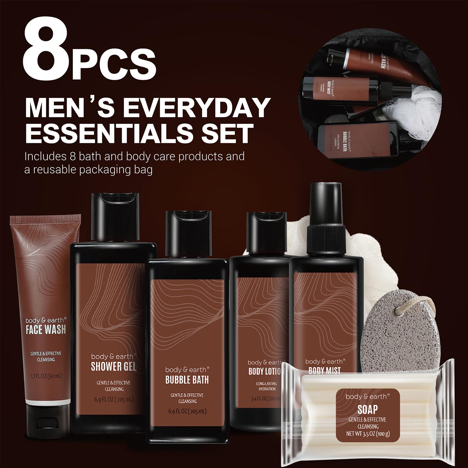 Men's Bath and Body Gift Set - Body Lotion, Face Wash, Shower Gel, Bubble Bath with Loofah | Luxury Spa & Grooming Kit for Men | Perfect Birthday, Father's Day & Holiday Gift for Him | Home Relaxation & Self-Care Essentials