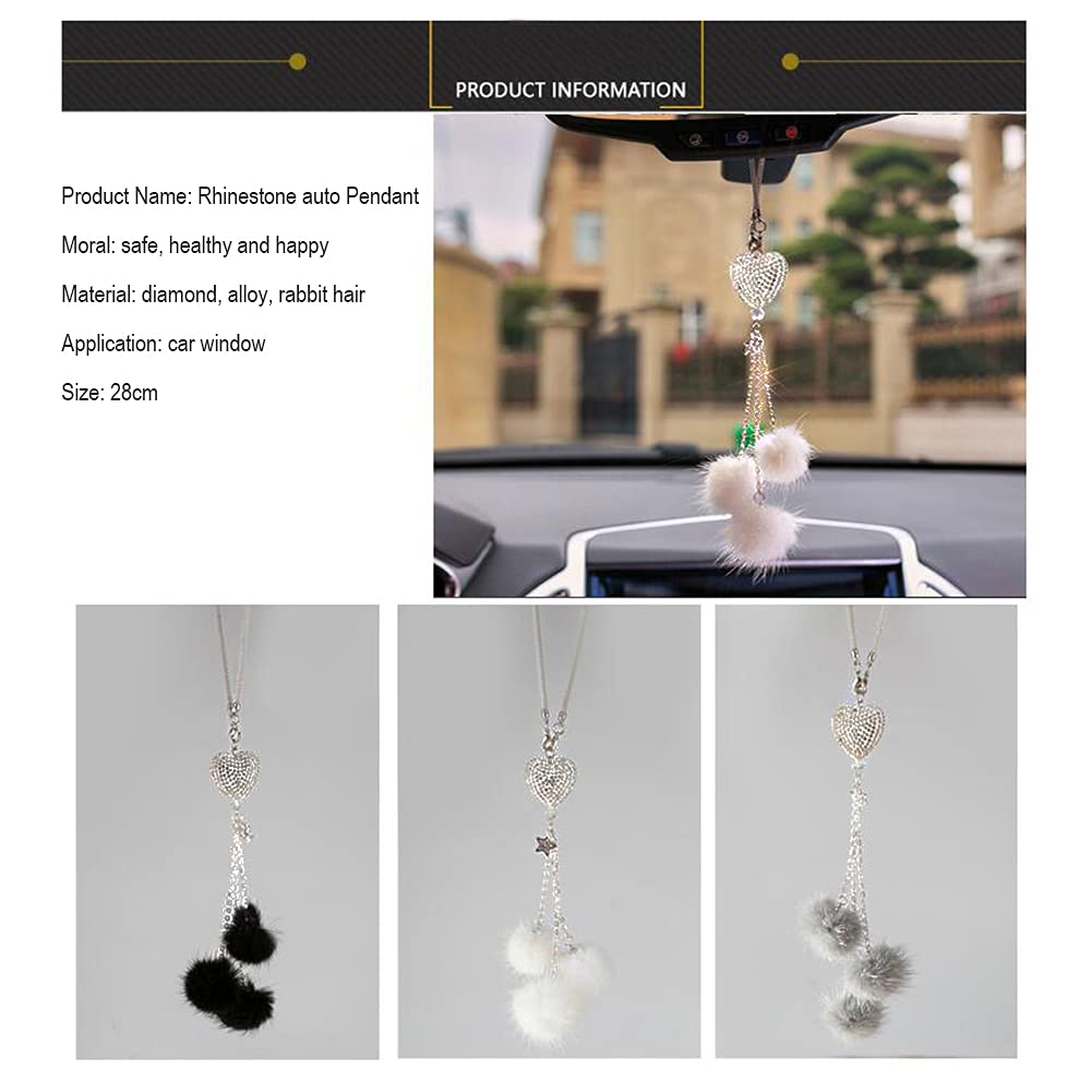 ikasus Bling Car Accessories for Women - Rhinestone Diamond Love Heart Plush Ball Hanging Ornament, Rear View Mirror Charm for Car Decor | Perfect Gift for Valentine's Day, Birthday & Car Enthusiasts