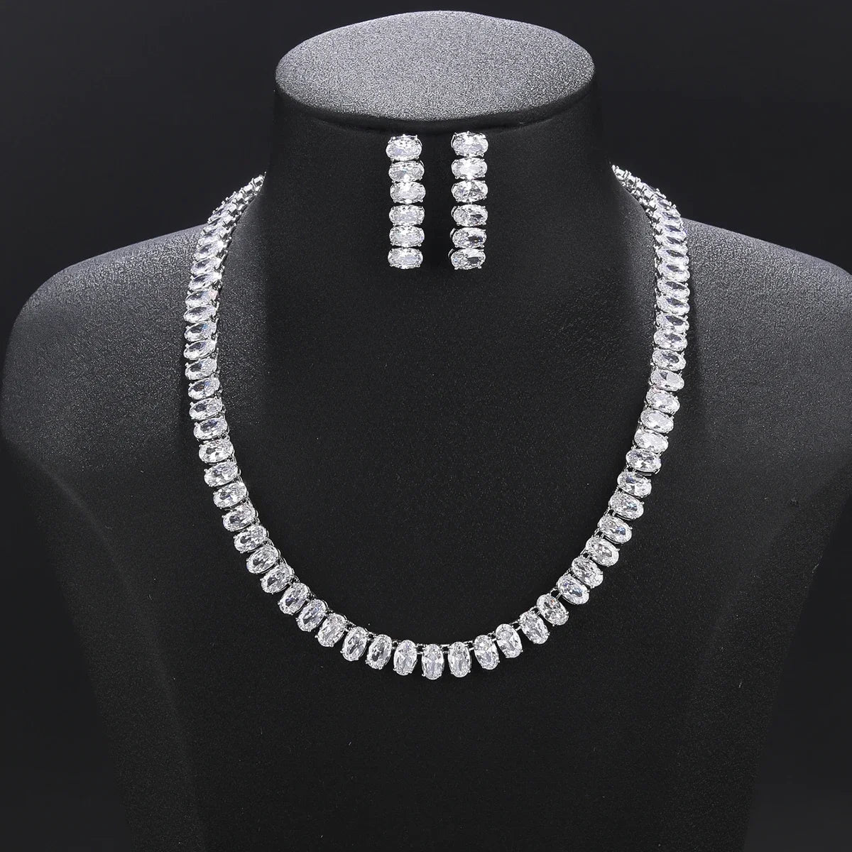 2 Piece Oval Zircon Crystal Bridal Jewelry Set for Women - Elegant Necklace & Earrings Wedding Accessories, Anniversary Gift, Party Jewelry for Bride, Bridesmaid, and Special Occasions