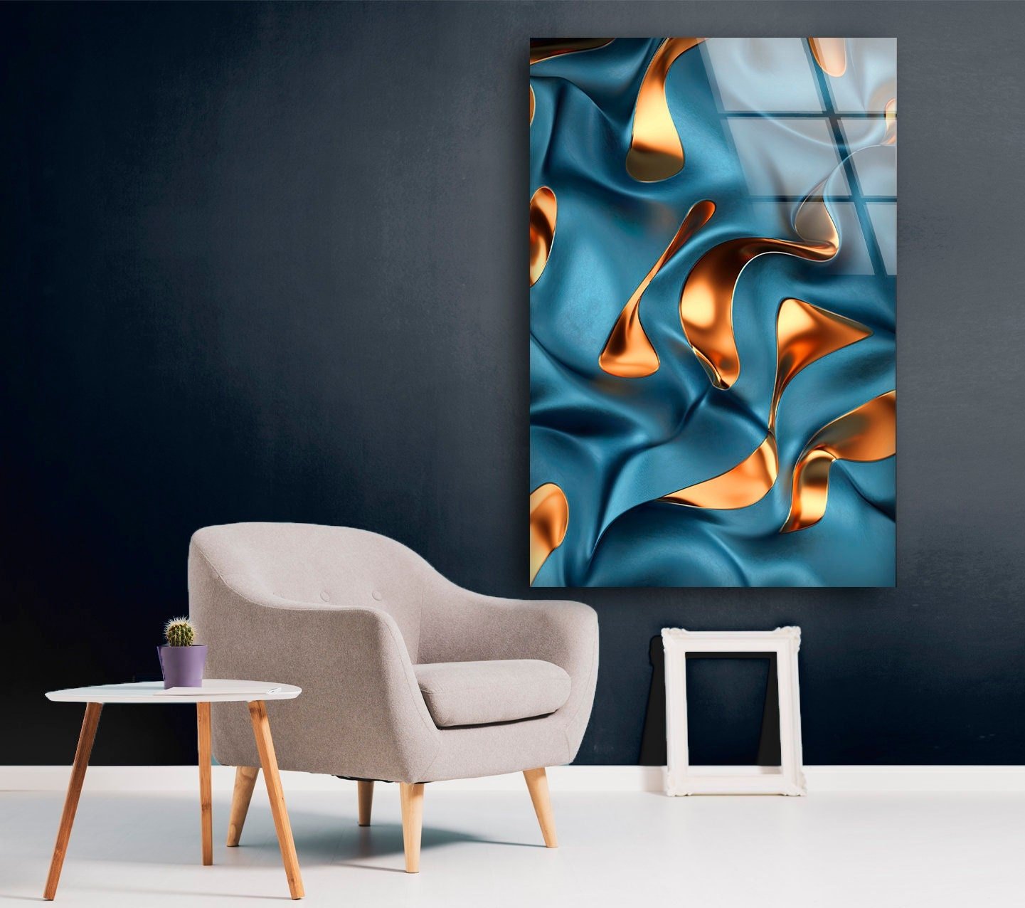 Abstract Bronze Blue Glass Wall Art - Modern Home Decor for Living Room, Bedroom & Office - Elegant Handmade Glass Panel for Stylish Interior Design