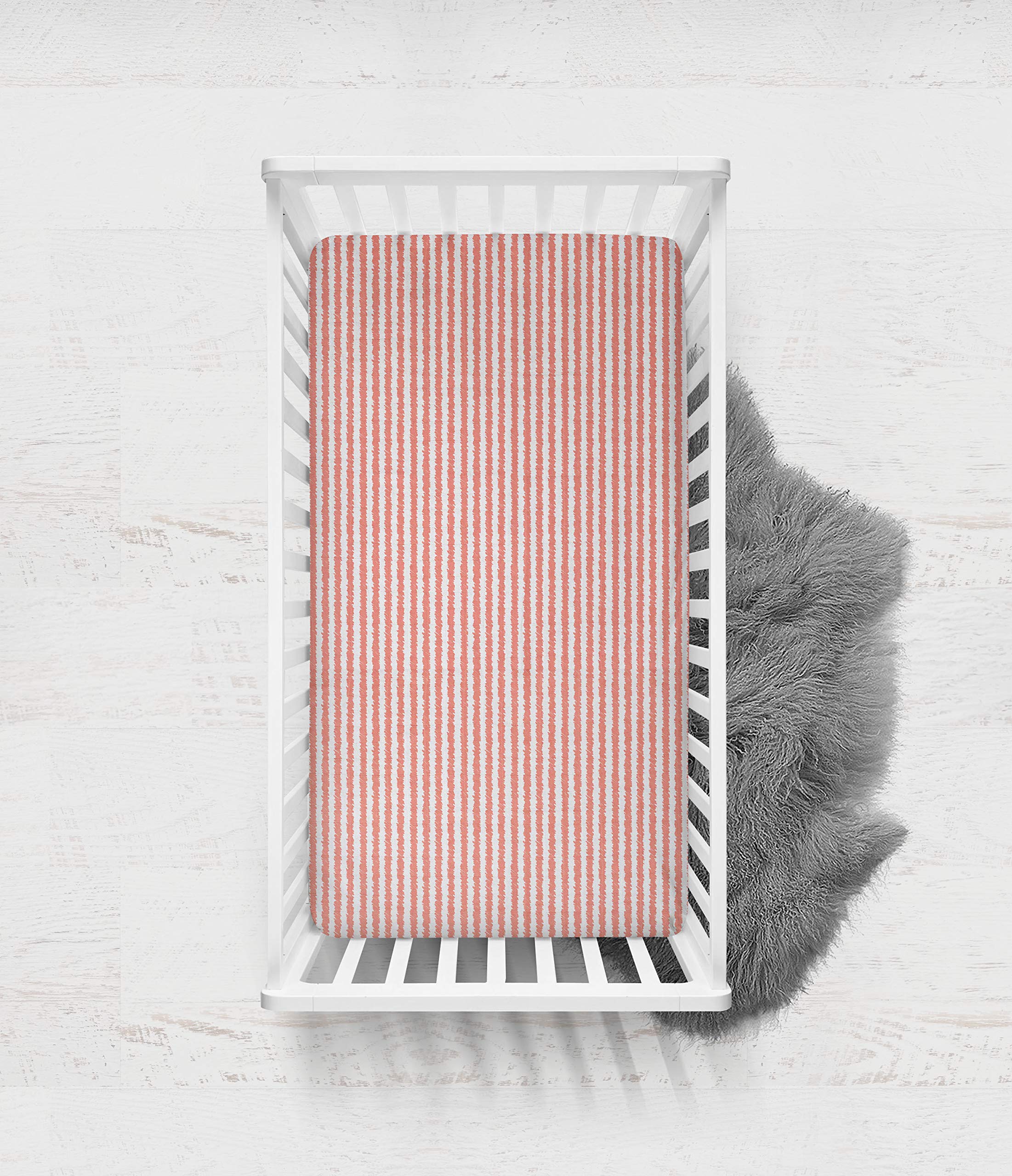Bacati 2 Pack 100% Cotton Muslin Crib Sheets for Girls - Super Soft Breathable Baby Bedding Fits Standard 28x52x5 Crib & Toddler Mattresses (Ikat Stripes Coral) - Perfect for Nursery, Daycare & Travel