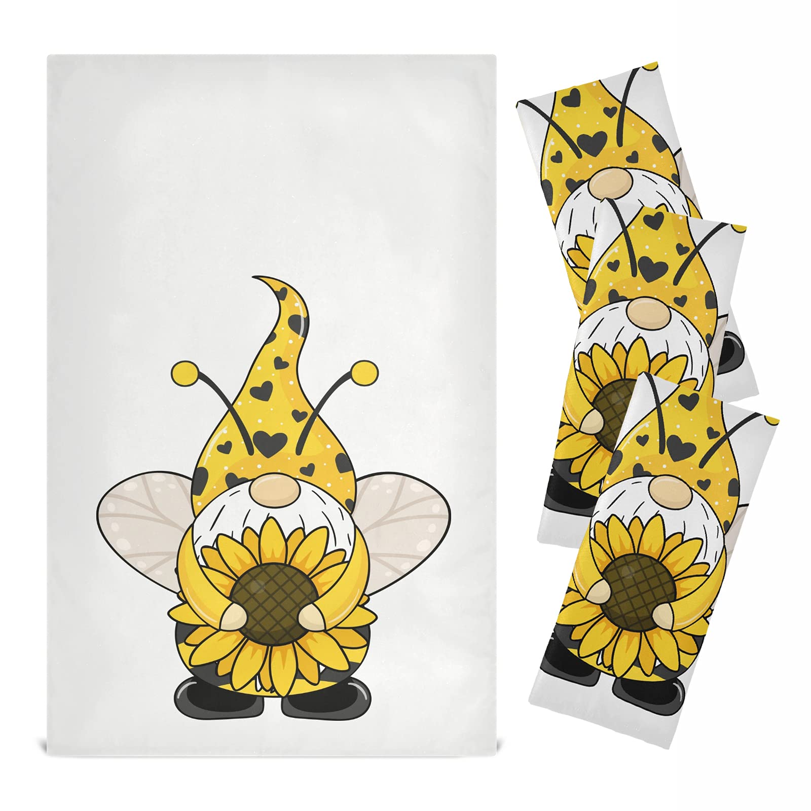Gnome Sunflower Kitchen Dish Towels Set of 4 - Lint-Free Absorbent Dishcloths for Cooking, Baking & Cleaning - Farmhouse Style Tea Towels 18x28 Inch - Perfect for Kitchen, Dining & Farmhouse Decor