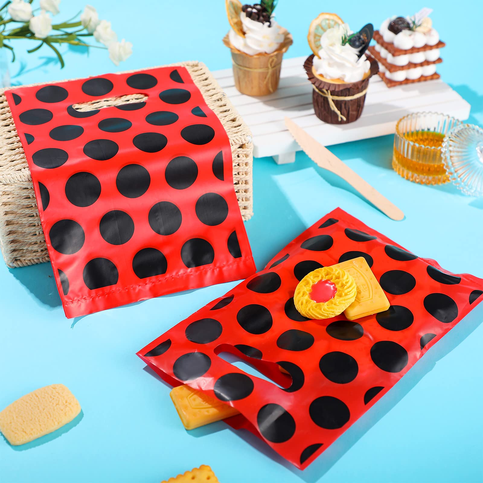 100 Pcs Ladybug Gift Bags - Watermelon Themed Red & Black Polka Dot Party Supplies for Birthdays, Weddings, Baby Showers | Perfect for Candy, Favors & Decorations | Cute Bug-Themed Celebration Accessories