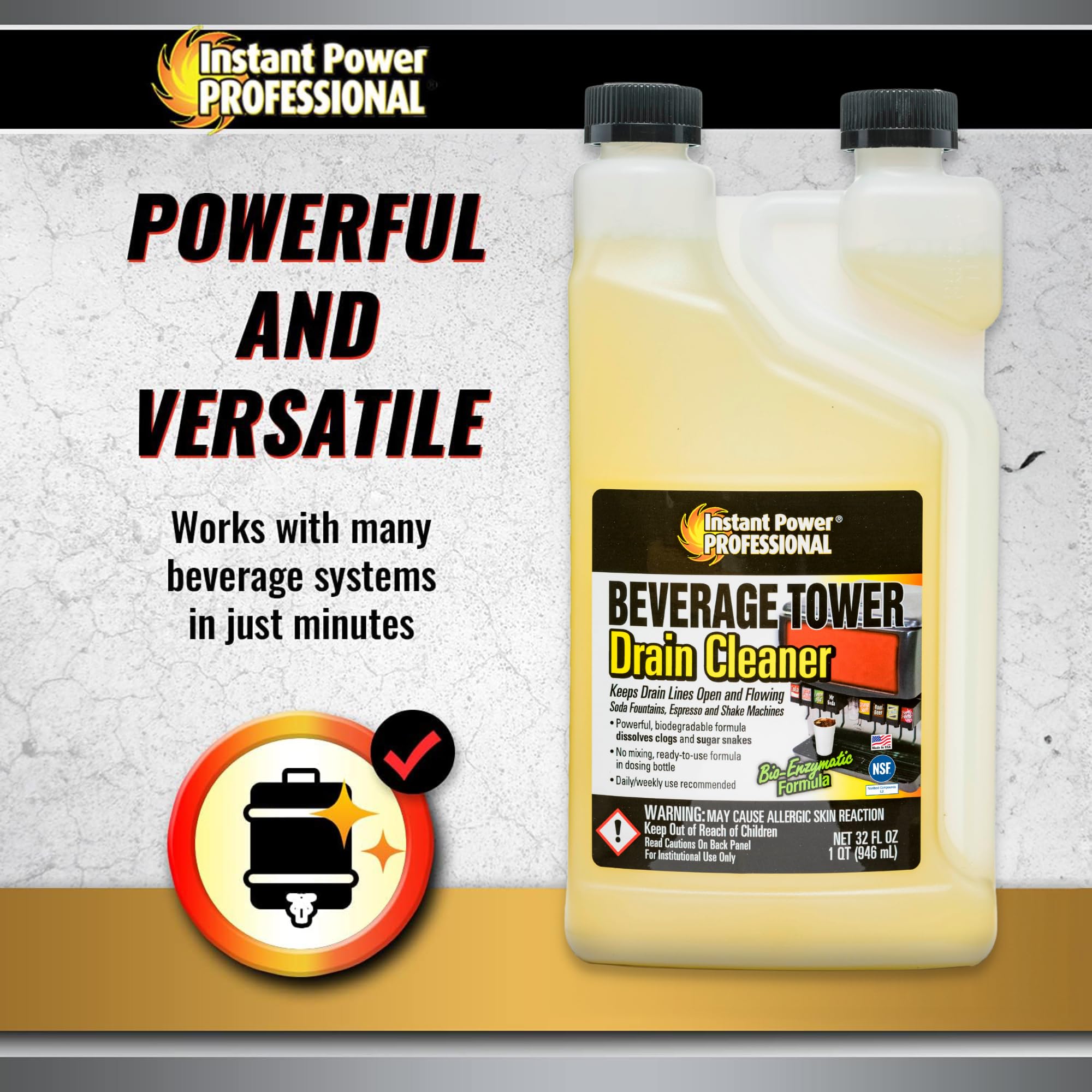 Instant Power Professional Beverage Tower Drain Cleaner - 32 Fl Oz (12 Pack) | Fast-Acting Clog Remover for Sinks, Showers & Bathtubs | Commercial & Home Use