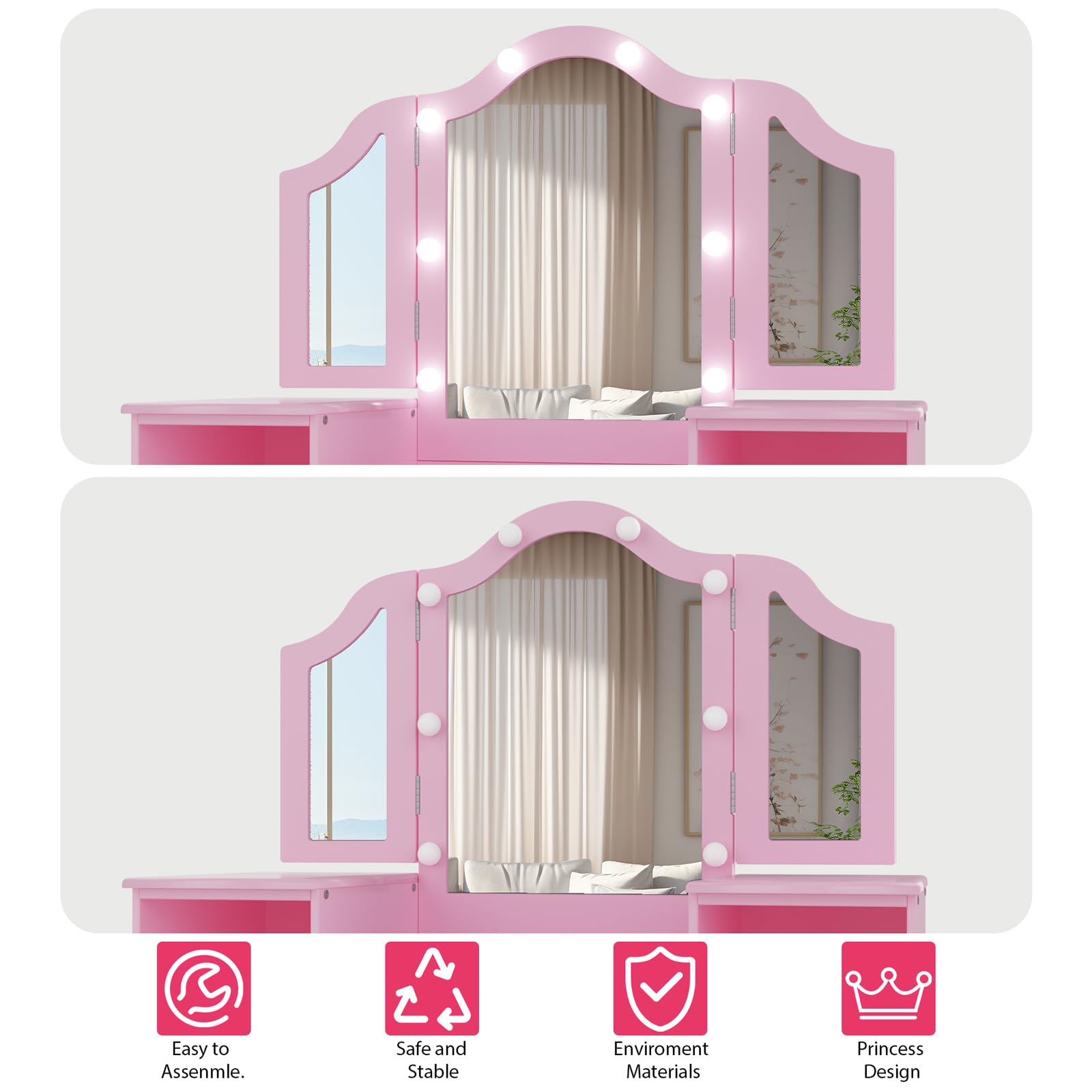 Princess Makeup Vanity Table Set for Girls - Wooden Dressing Table with Touch Light, Detachable Tri-Folding Mirror & Open Storage Shelves - Pretend Play Kids Vanity Desk & Chair for Toddlers - Perfect for Bedroom Decor, Birthday Gifts & Role Play Activities