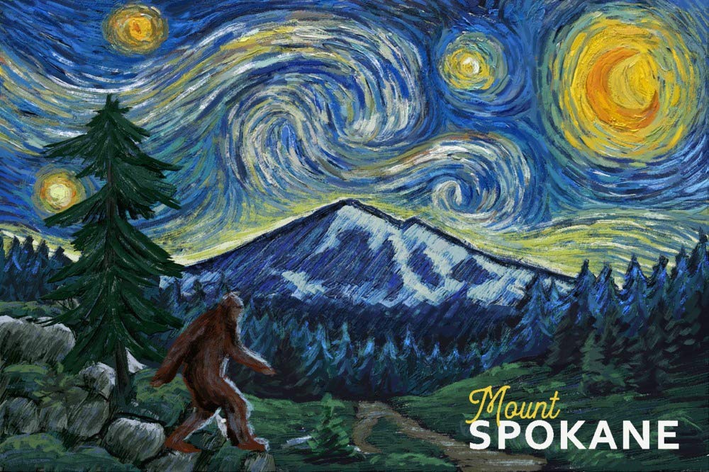 Washington Mount Spokane Bigfoot Starry Night 24x36 Signed Art Print - Wall Decor Poster for Living Room, Bedroom & Office