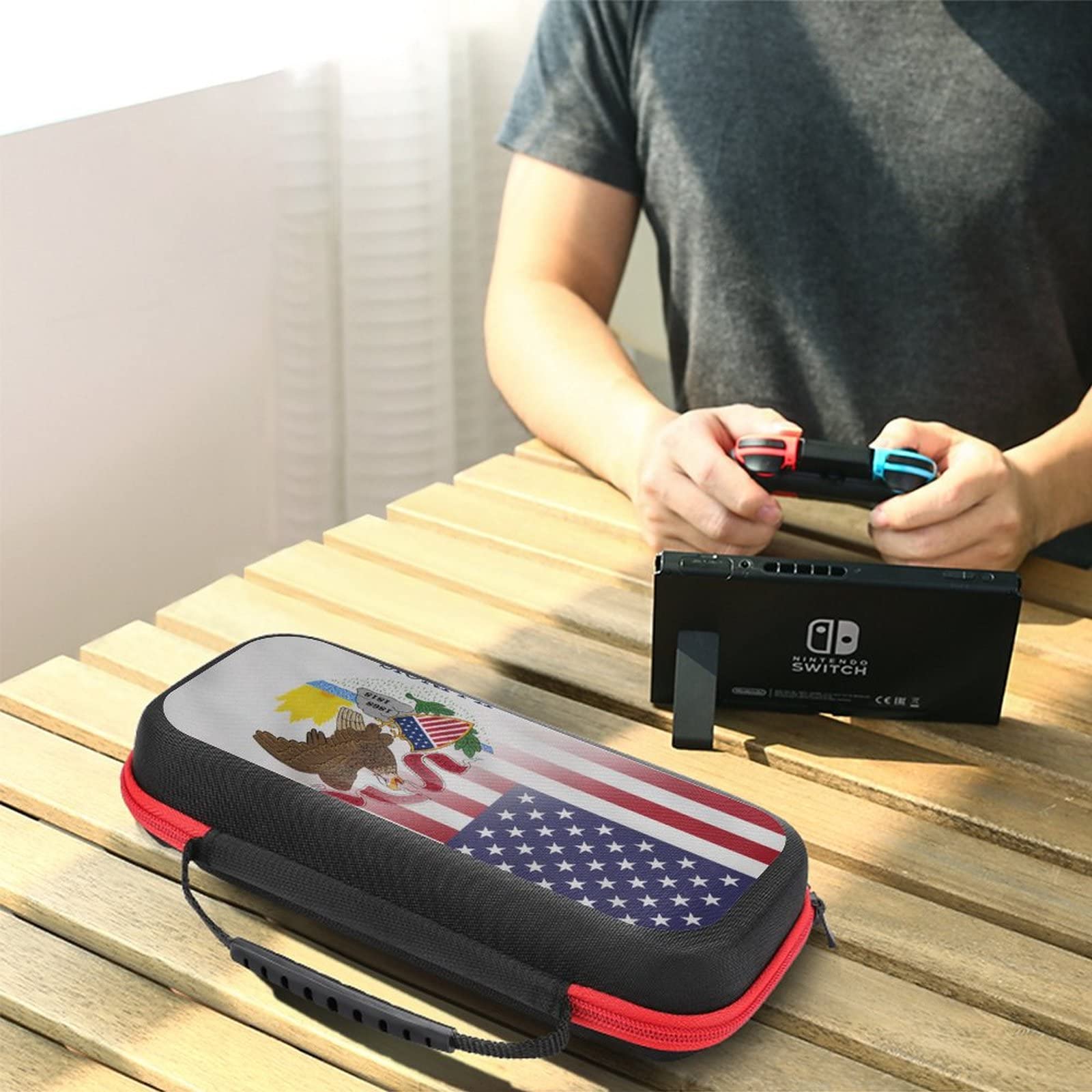USA Flag & Illinois Nintendo Switch Carrying Case - Portable Travel Cover with 20 Game Card Slots - Perfect for Gaming On-The-Go & Travel Accessories