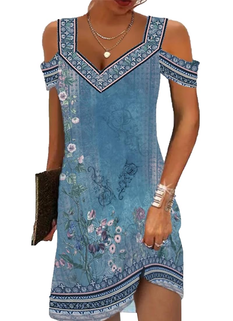 Trendy 2025 Women's Summer Casual Cold Shoulder Boho Dress - Floral Tribal Marble Print V-Neck Mini Dress for Beach, Vacation & Outdoor Parties