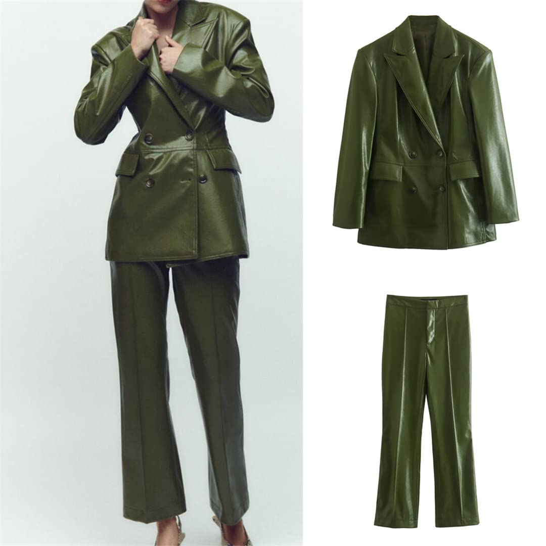 Stylish Autumn Women's Faux Leather Double Breasted Blazer & High Waist Flare Pants Set - Office Workwear, Business Casual Outfit, Fall Fashion for Women